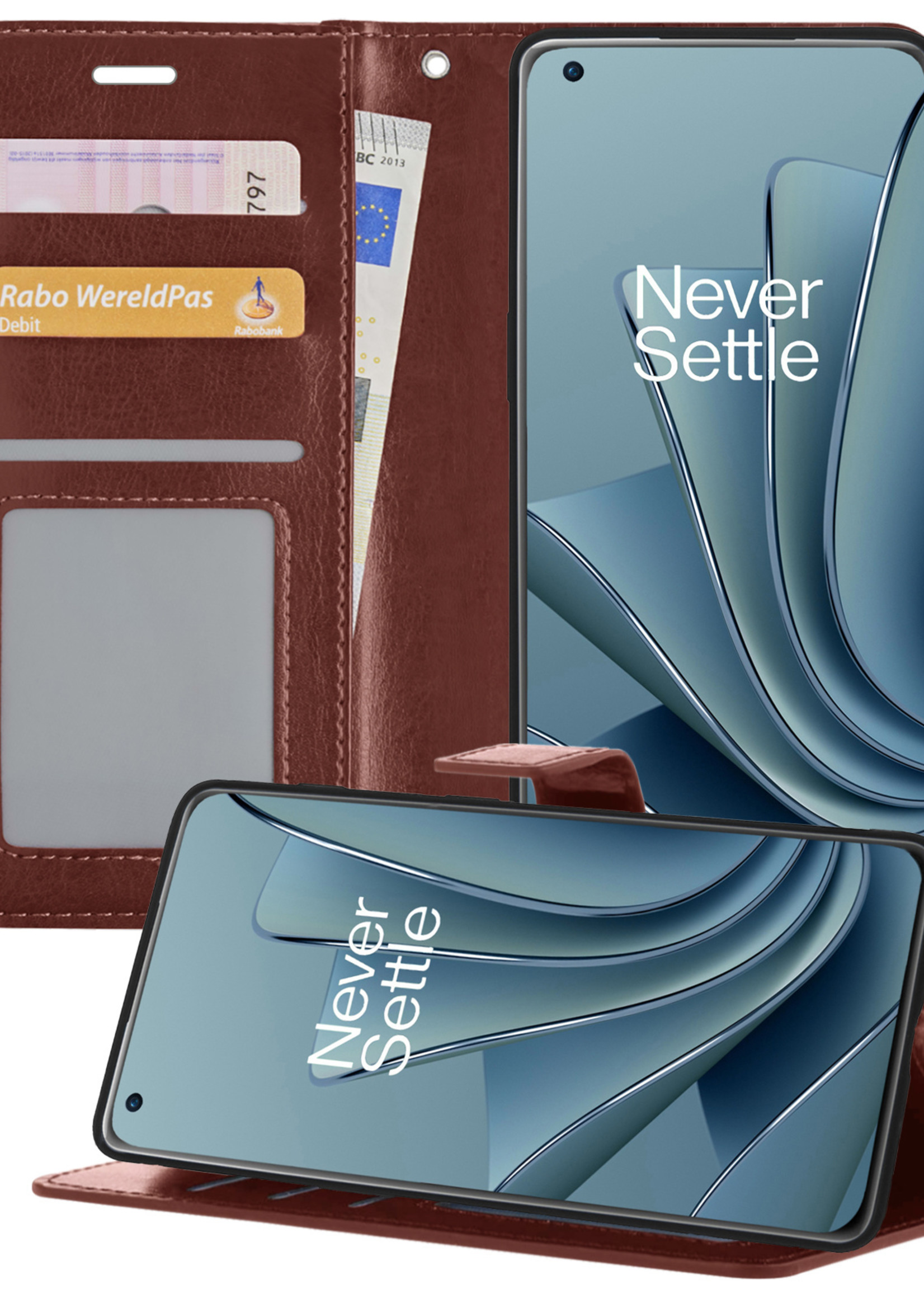 BTH OnePlus 10 Pro Hoesje Book Case Hoes - OnePlus 10 Pro Case Hoesje Portemonnee Cover - OnePlus 10 Pro Hoes Wallet Case Hoesje - Bruin
