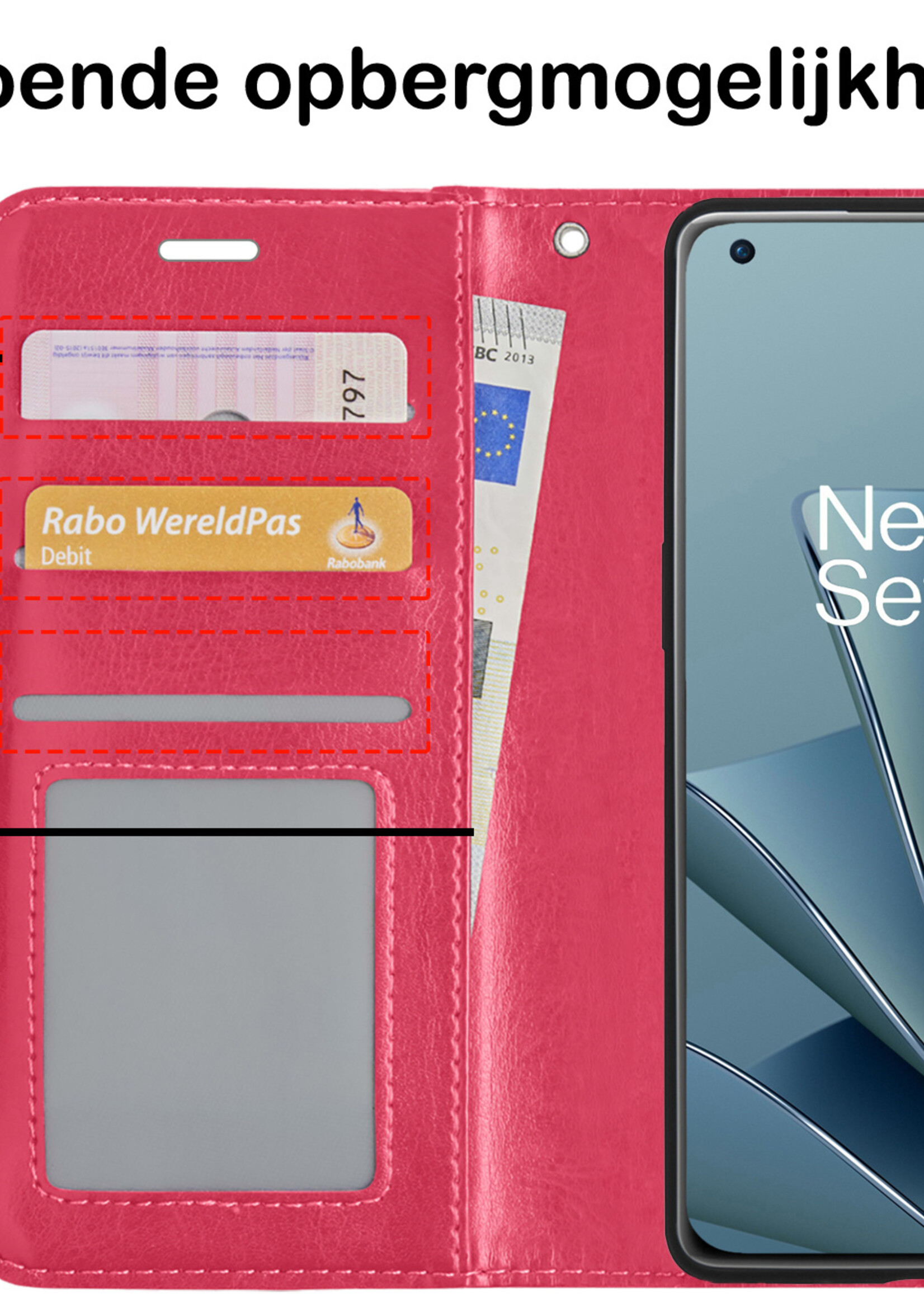 BTH OnePlus 10 Pro Hoesje Book Case Hoes - OnePlus 10 Pro Case Hoesje Portemonnee Cover - OnePlus 10 Pro Hoes Wallet Case Hoesje - Donker Roze