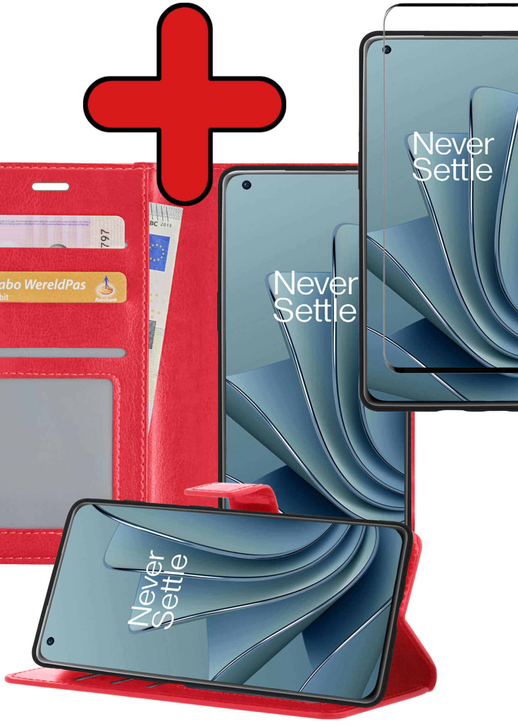 BTH Hoesje Geschikt voor OnePlus 10 Pro Hoesje Book Case Hoes Portemonnee Cover Walletcase Met Screenprotector - Hoes Geschikt voor OnePlus 10 Pro Hoes Bookcase Hoesje - Rood