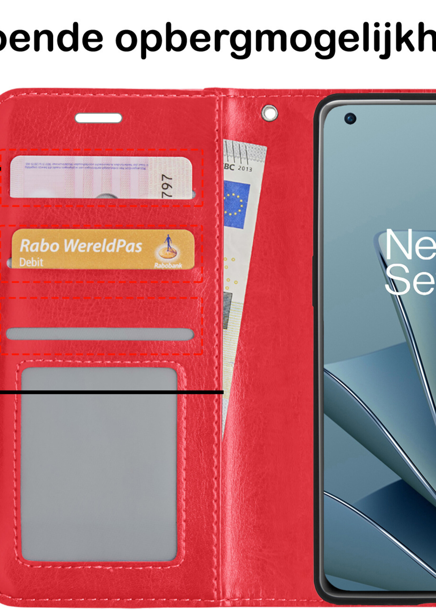 BTH Hoesje Geschikt voor OnePlus 10 Pro Hoesje Book Case Hoes Portemonnee Cover Walletcase Met Screenprotector - Hoes Geschikt voor OnePlus 10 Pro Hoes Bookcase Hoesje - Rood