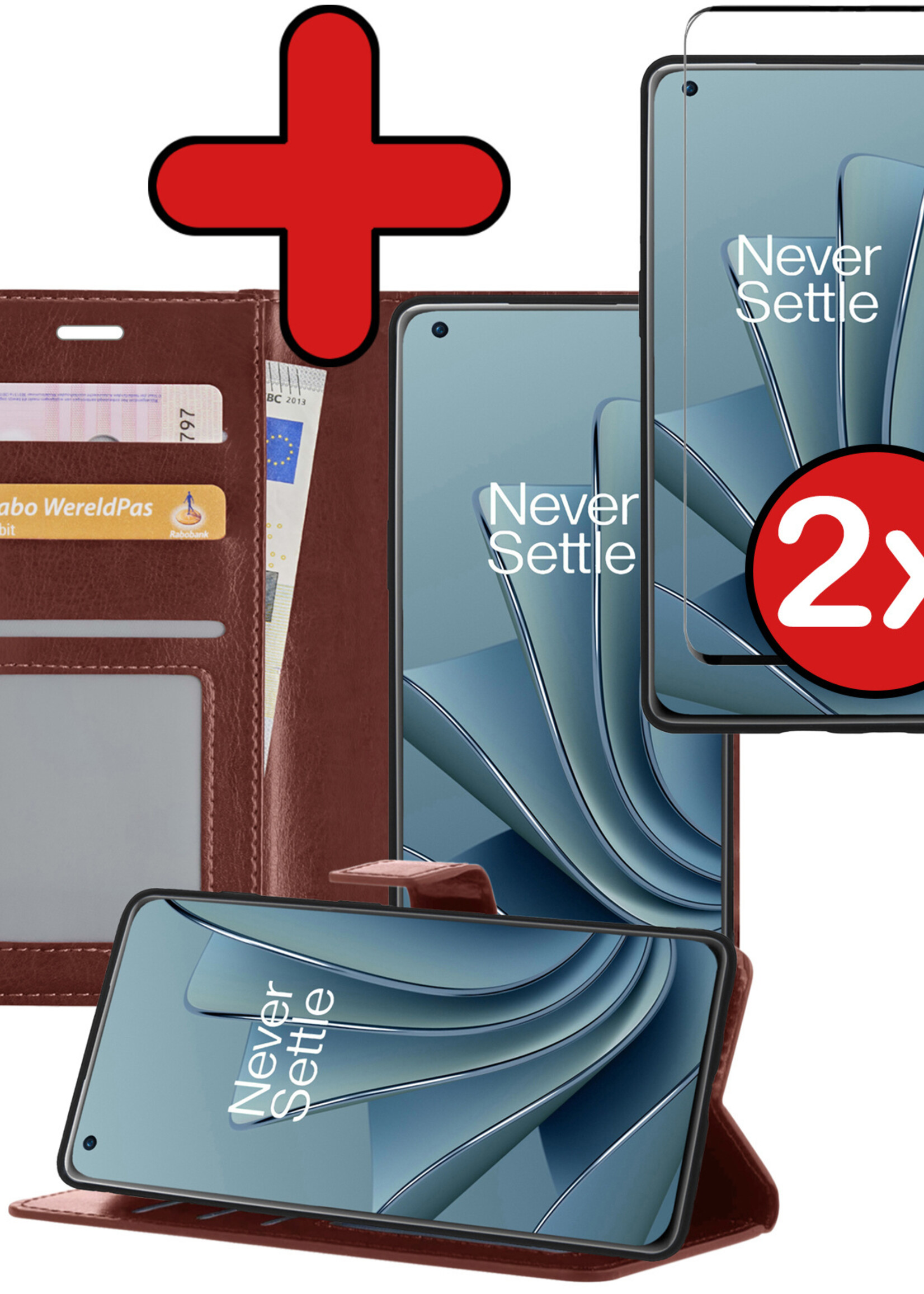 BTH Hoesje Geschikt voor OnePlus 10 Pro Hoesje Book Case Hoes Portemonnee Cover Walletcase Met 2x Screenprotector - Hoes Geschikt voor OnePlus 10 Pro Hoes Bookcase Hoesje - Bruin
