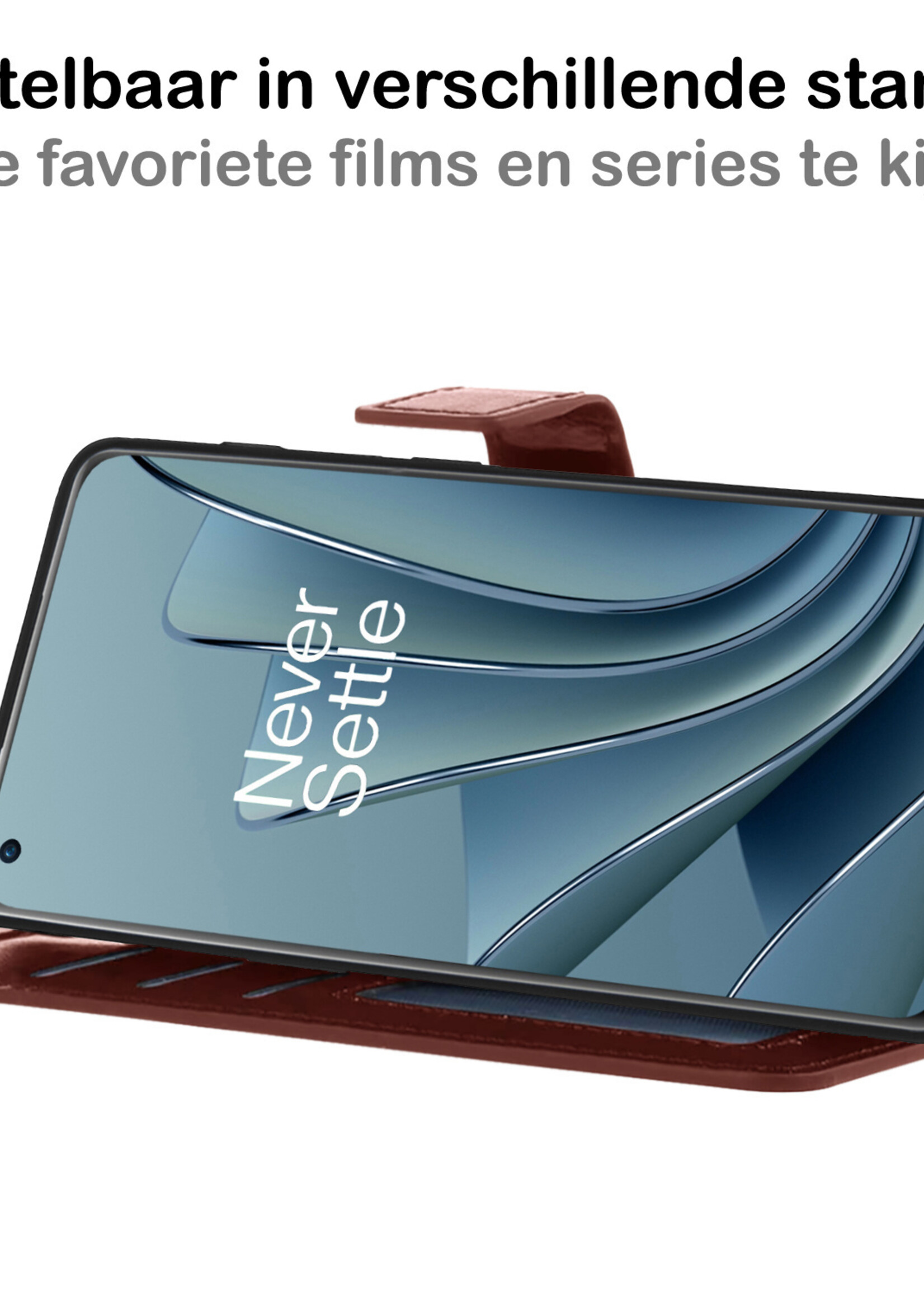 BTH Hoesje Geschikt voor OnePlus 10 Pro Hoesje Book Case Hoes Portemonnee Cover Walletcase Met 2x Screenprotector - Hoes Geschikt voor OnePlus 10 Pro Hoes Bookcase Hoesje - Bruin