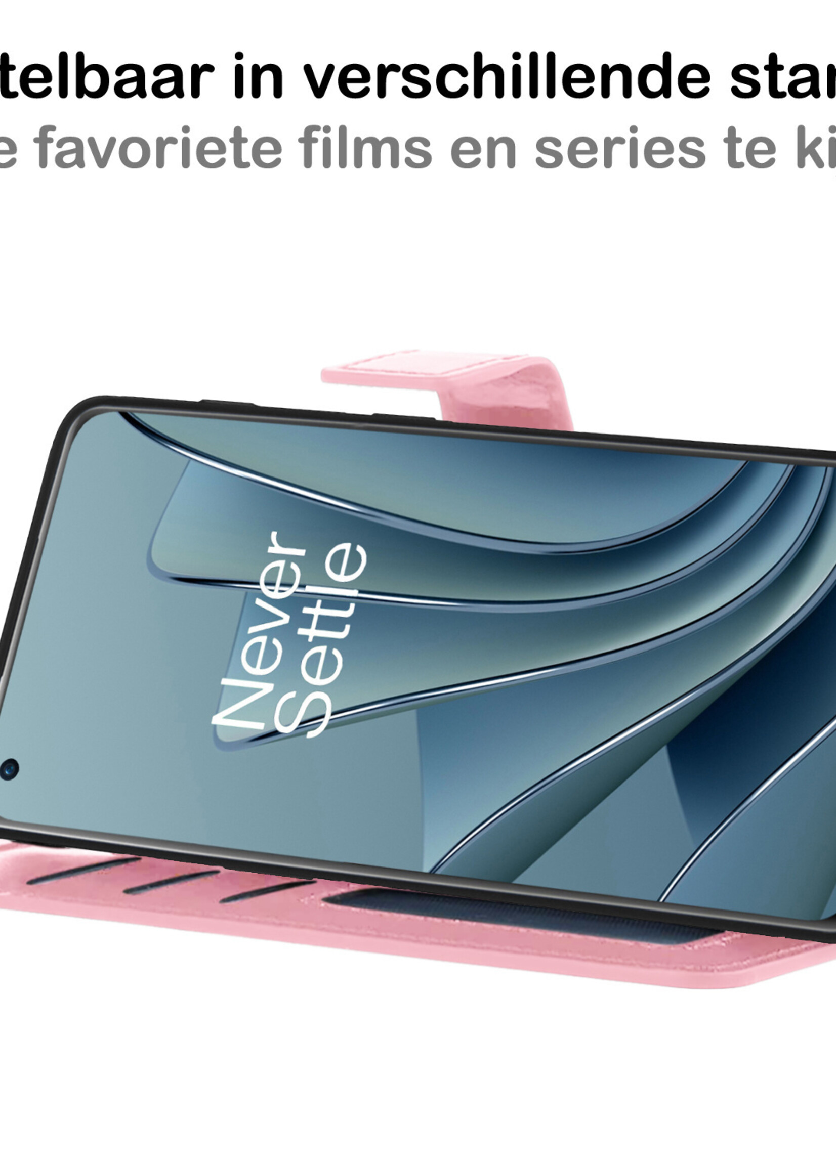 BTH Hoesje Geschikt voor OnePlus 10 Pro Hoesje Book Case Hoes Portemonnee Cover Walletcase Met 2x Screenprotector - Hoes Geschikt voor OnePlus 10 Pro Hoes Bookcase Hoesje - Lichtroze