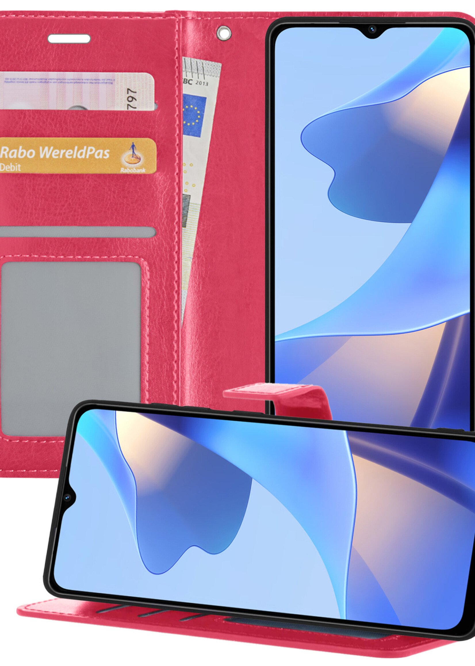 BTH OPPO A16 Hoesje Book Case Hoes - OPPO A16 Case Hoesje Portemonnee Cover - OPPO A16 Hoes Wallet Case Hoesje - Donker Roze