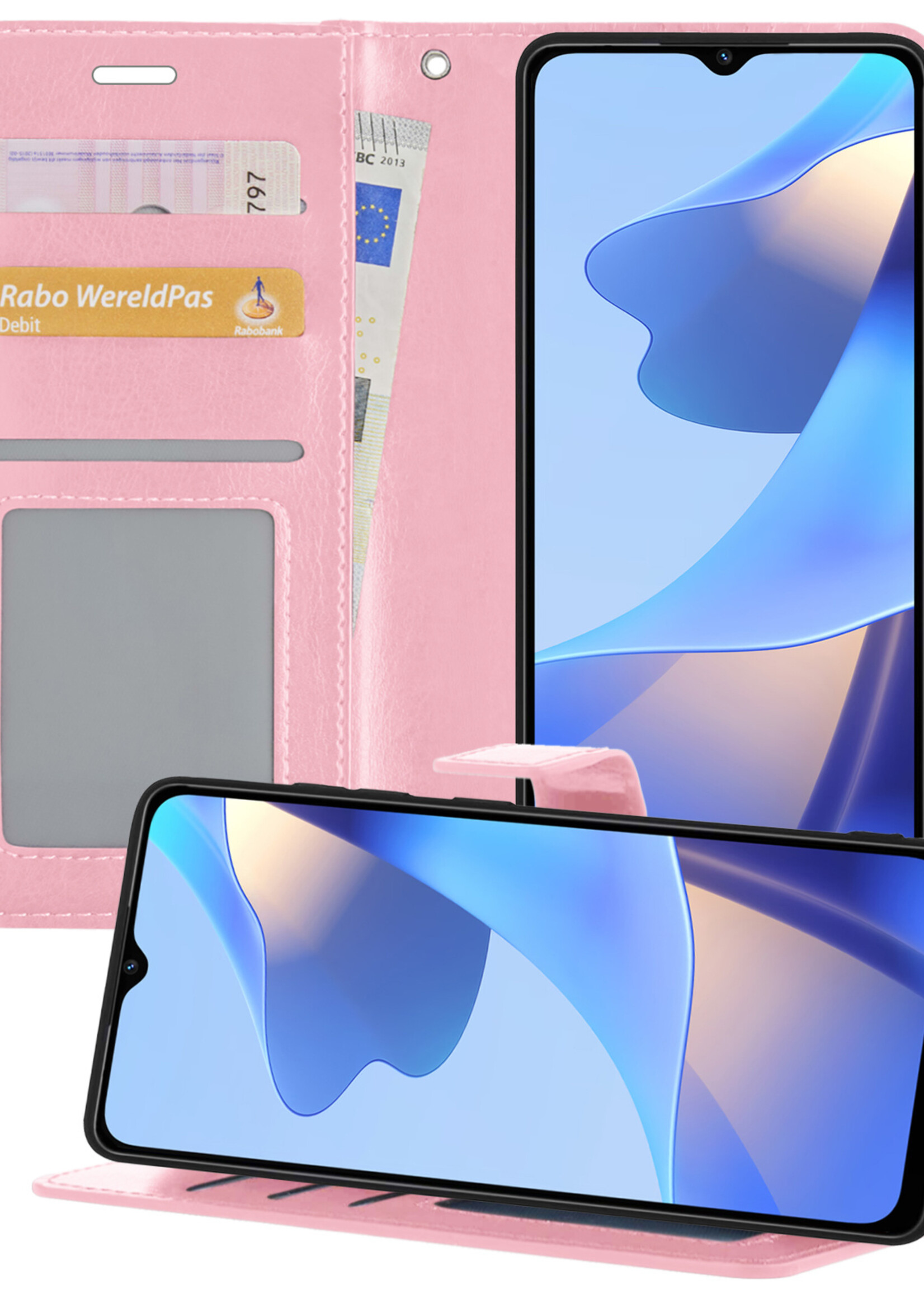 BTH OPPO A16 Hoesje Book Case Hoes - OPPO A16 Case Hoesje Portemonnee Cover - OPPO A16 Hoes Wallet Case Hoesje - Licht Roze