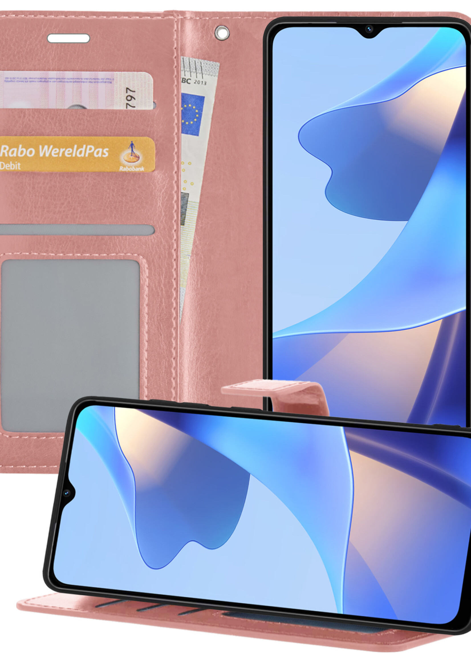 BTH OPPO A16 Hoesje Book Case Hoes - OPPO A16 Case Hoesje Portemonnee Cover - OPPO A16 Hoes Wallet Case Hoesje - Rosé Goud