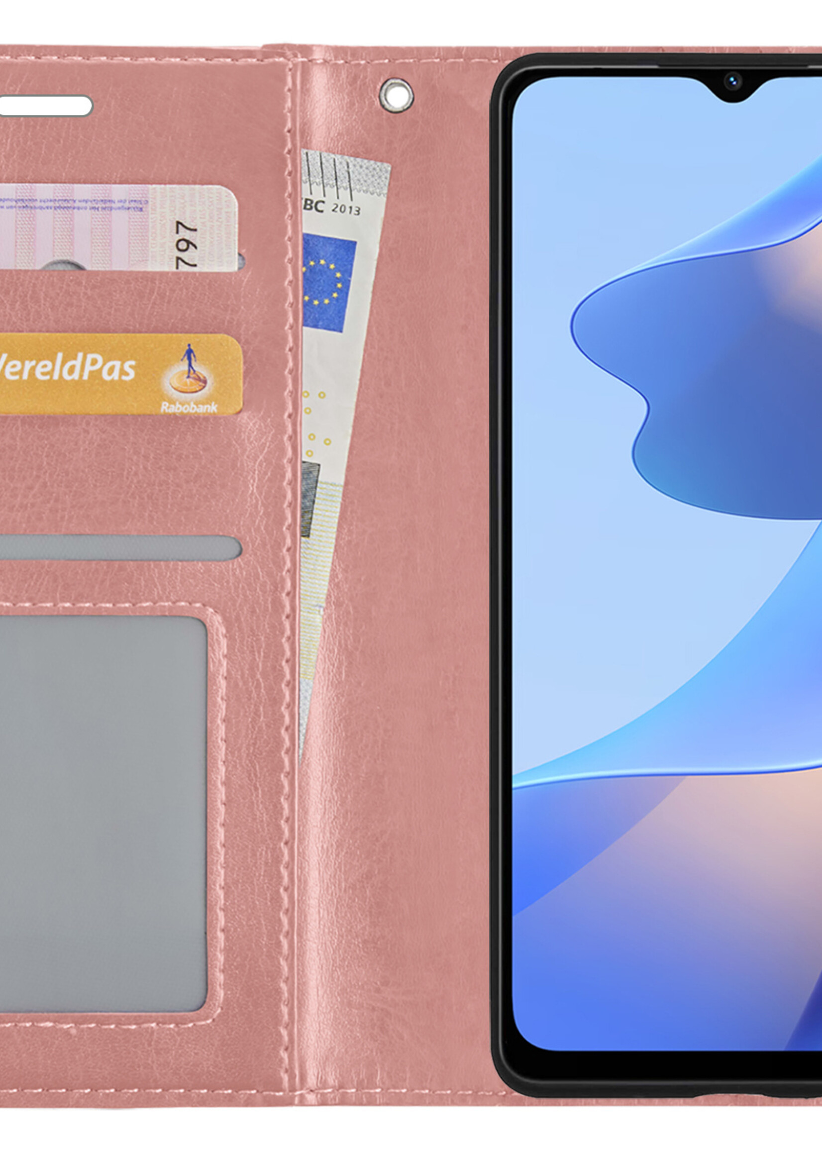 BTH OPPO A16 Hoesje Book Case Hoes - OPPO A16 Case Hoesje Portemonnee Cover - OPPO A16 Hoes Wallet Case Hoesje - Rosé Goud