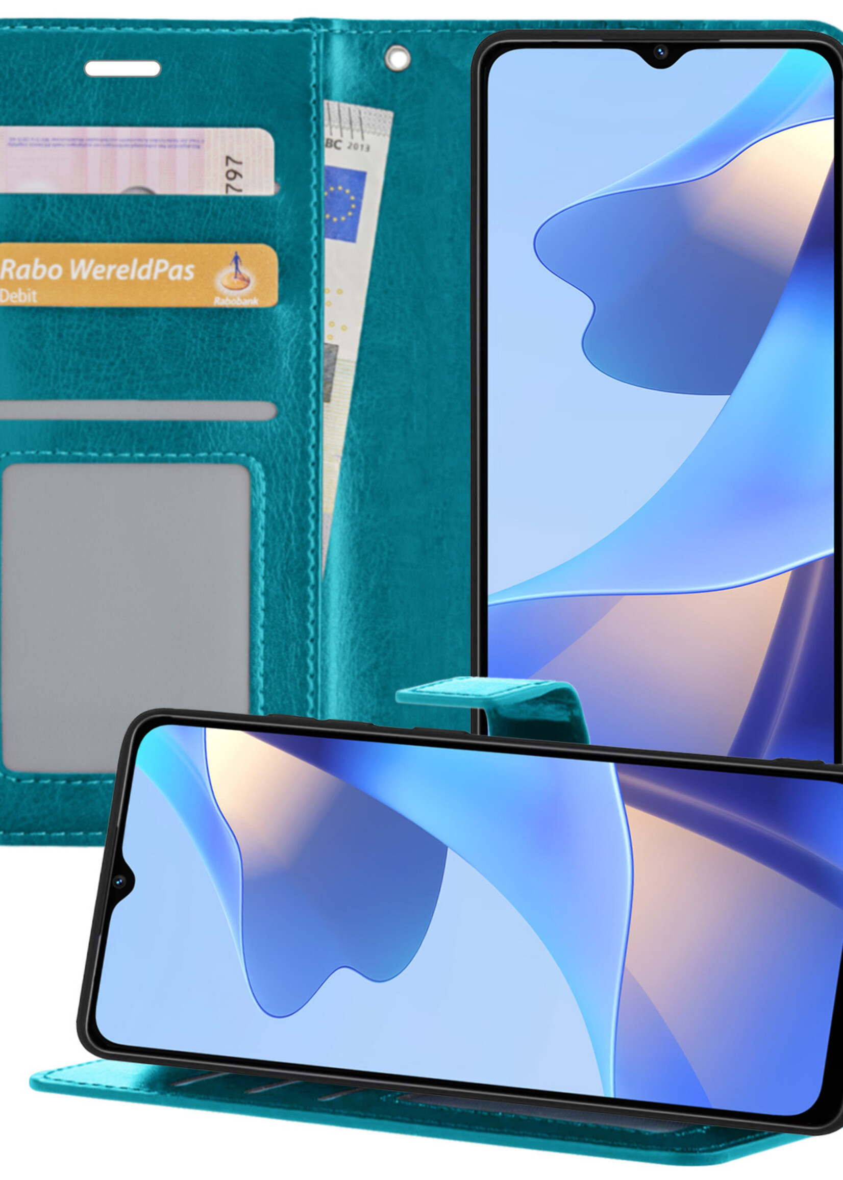 BTH OPPO A16 Hoesje Book Case Hoes - OPPO A16 Case Hoesje Portemonnee Cover - OPPO A16 Hoes Wallet Case Hoesje - Turquoise