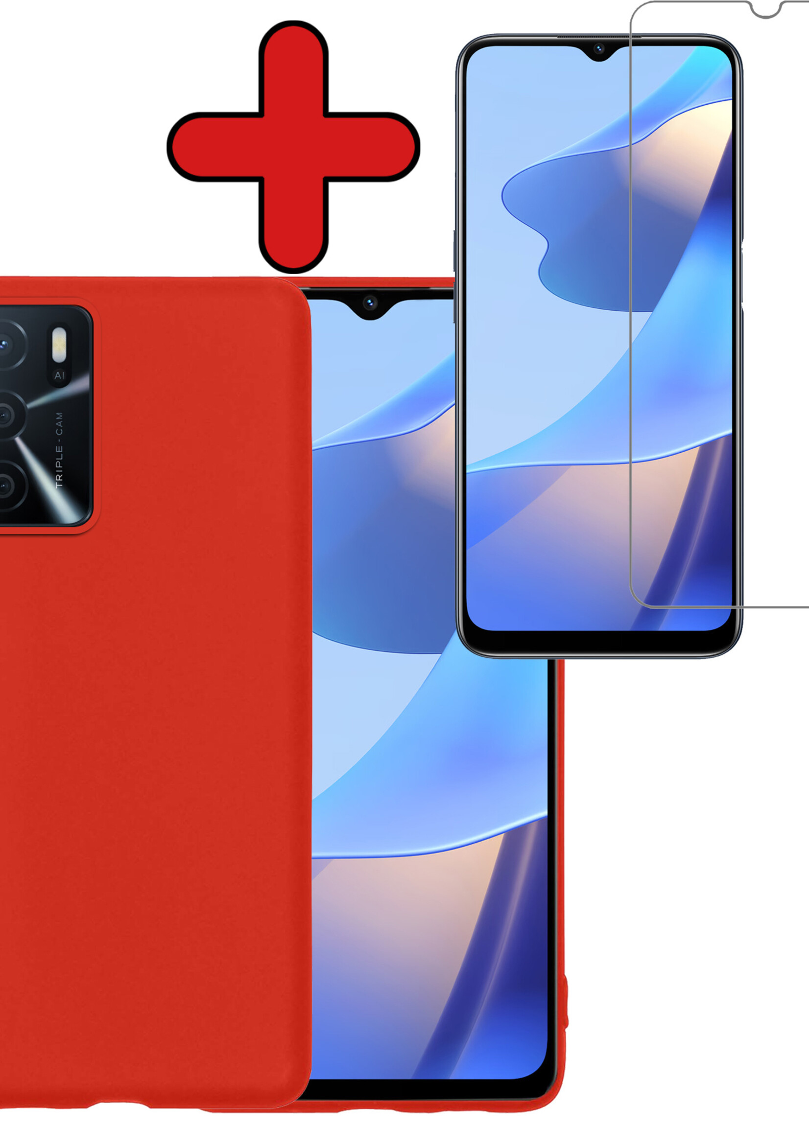 BTH Hoesje Geschikt voor OPPO A16 Hoesje Siliconen Case Hoes Met Screenprotector - Hoes Geschikt voor OPPO A16 Hoes Cover Case - Rood