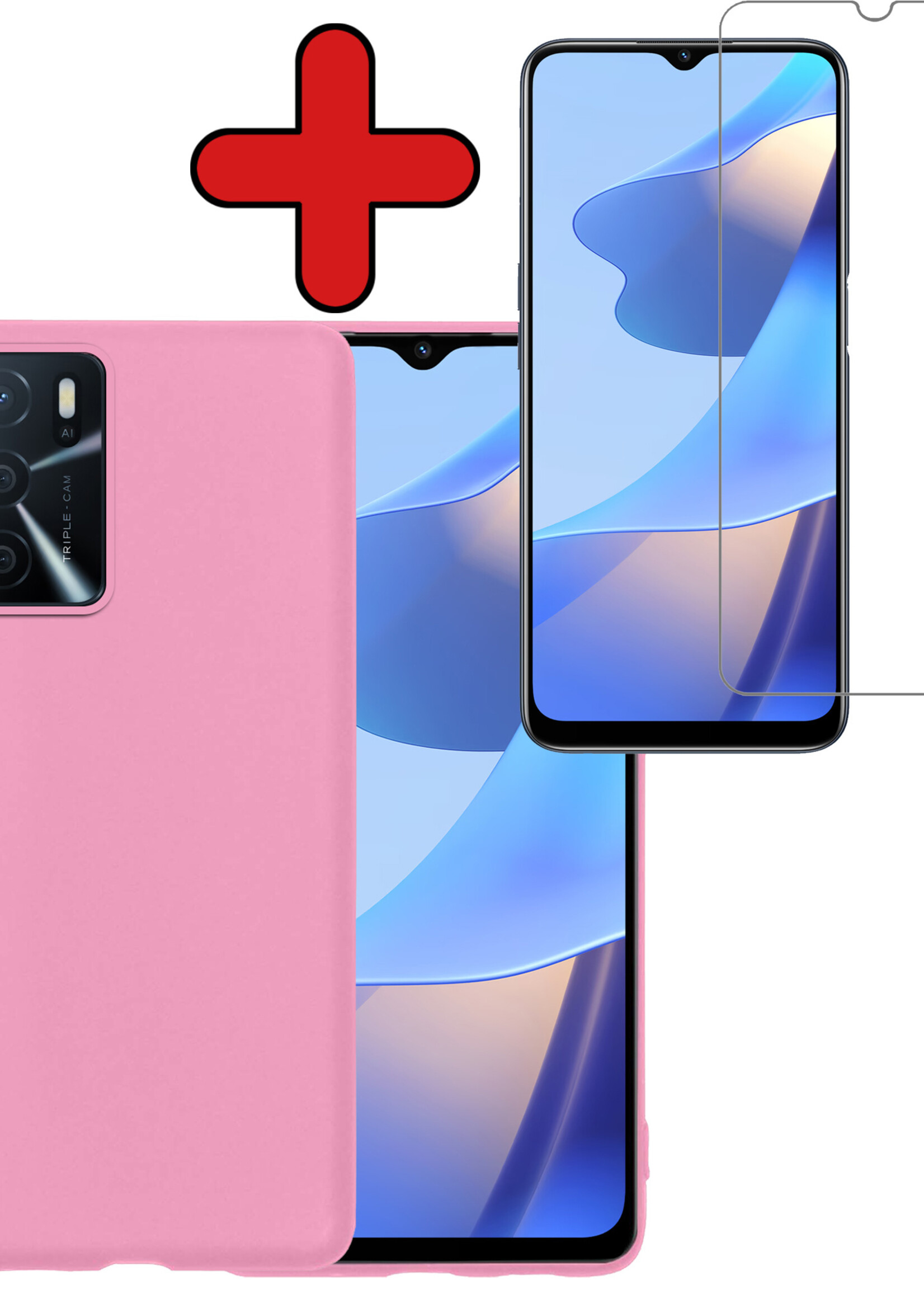 BTH Hoesje Geschikt voor OPPO A16 Hoesje Siliconen Case Hoes Met Screenprotector - Hoes Geschikt voor OPPO A16 Hoes Cover Case - Lichtroze