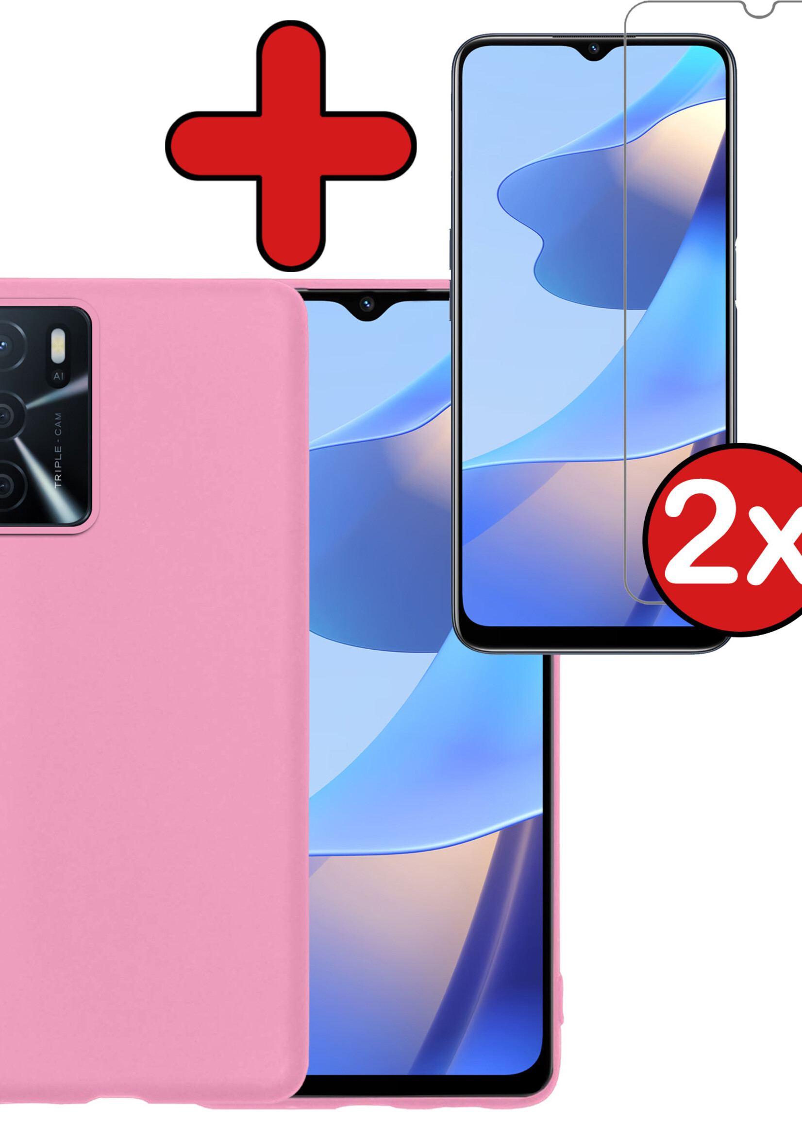 BTH Hoesje Geschikt voor OPPO A16 Hoesje Siliconen Case Hoes Met 2x Screenprotector - Hoes Geschikt voor OPPO A16 Hoes Cover Case - Lichtroze