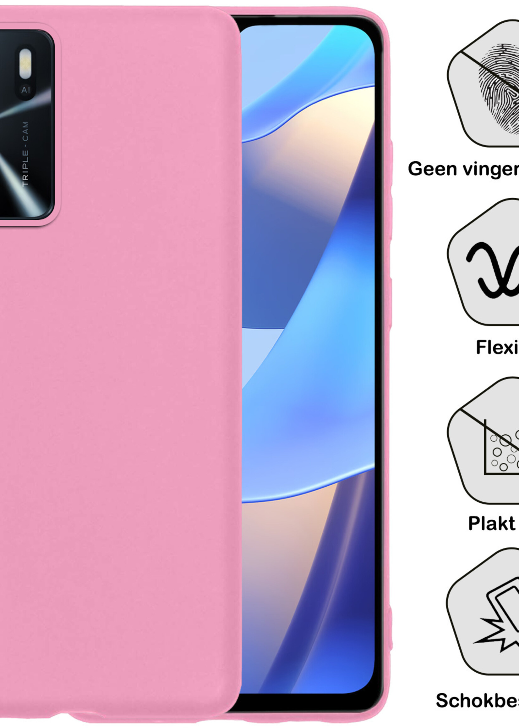 BTH Hoesje Geschikt voor OPPO A16 Hoesje Siliconen Case Hoes Met 2x Screenprotector - Hoes Geschikt voor OPPO A16 Hoes Cover Case - Lichtroze