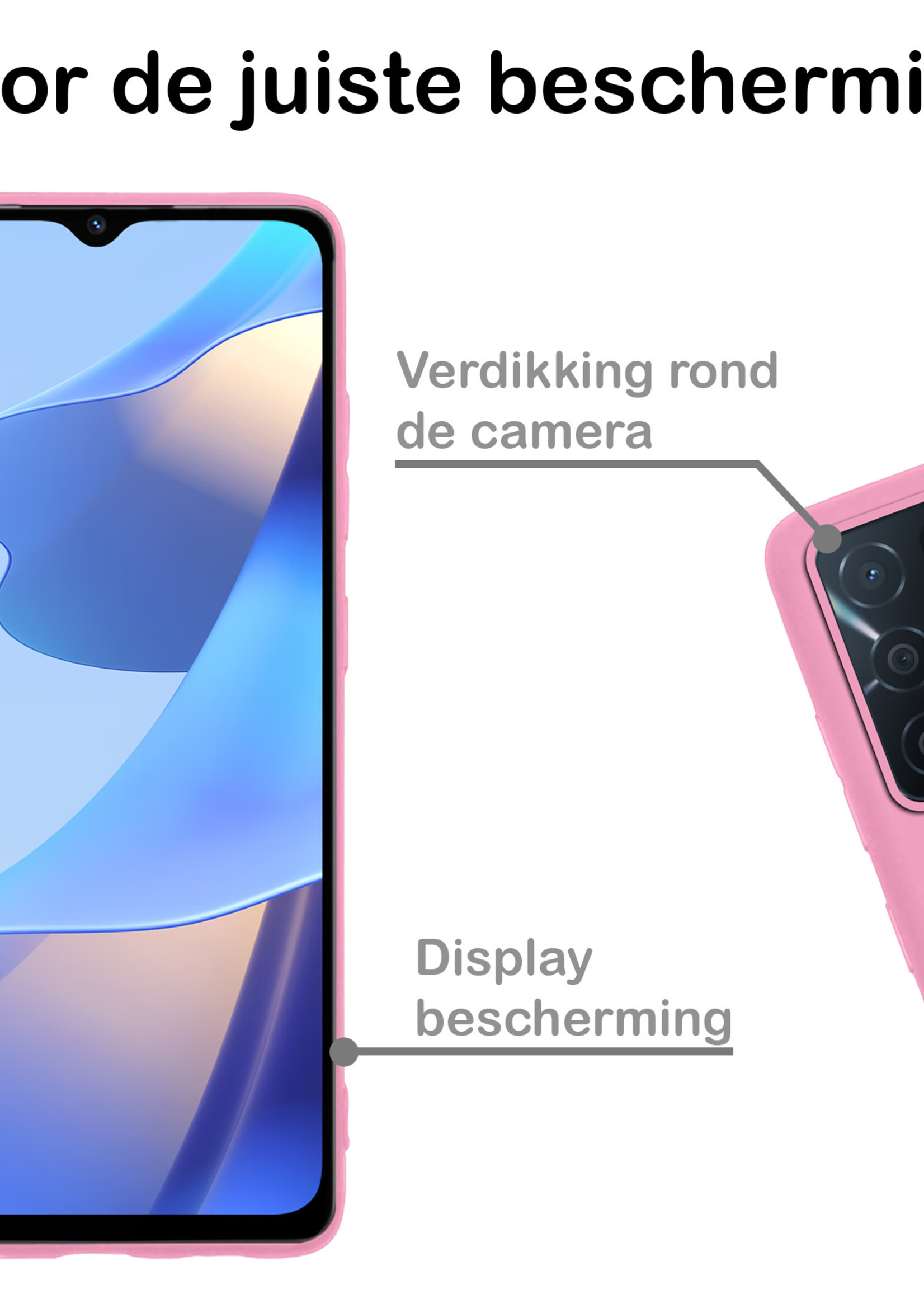 BTH Hoesje Geschikt voor OPPO A16 Hoesje Siliconen Case Hoes Met 2x Screenprotector - Hoes Geschikt voor OPPO A16 Hoes Cover Case - Lichtroze