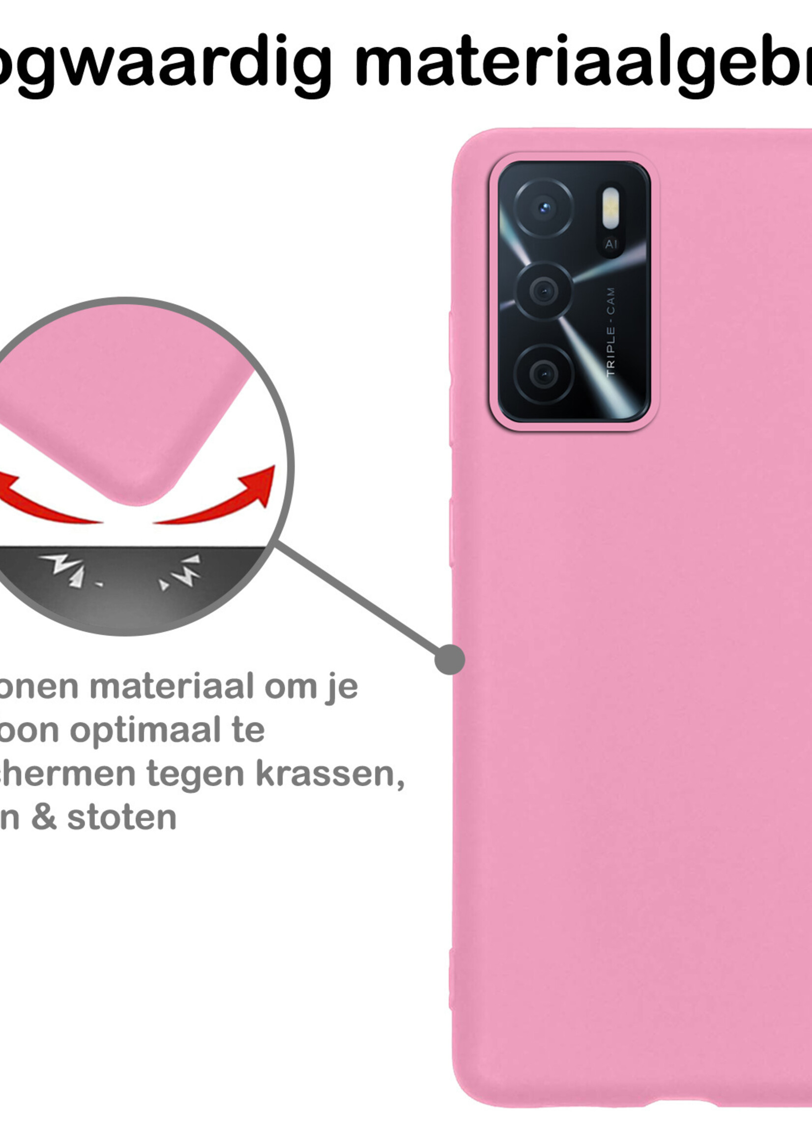 BTH Hoesje Geschikt voor OPPO A16 Hoesje Siliconen Case Hoes Met 2x Screenprotector - Hoes Geschikt voor OPPO A16 Hoes Cover Case - Lichtroze