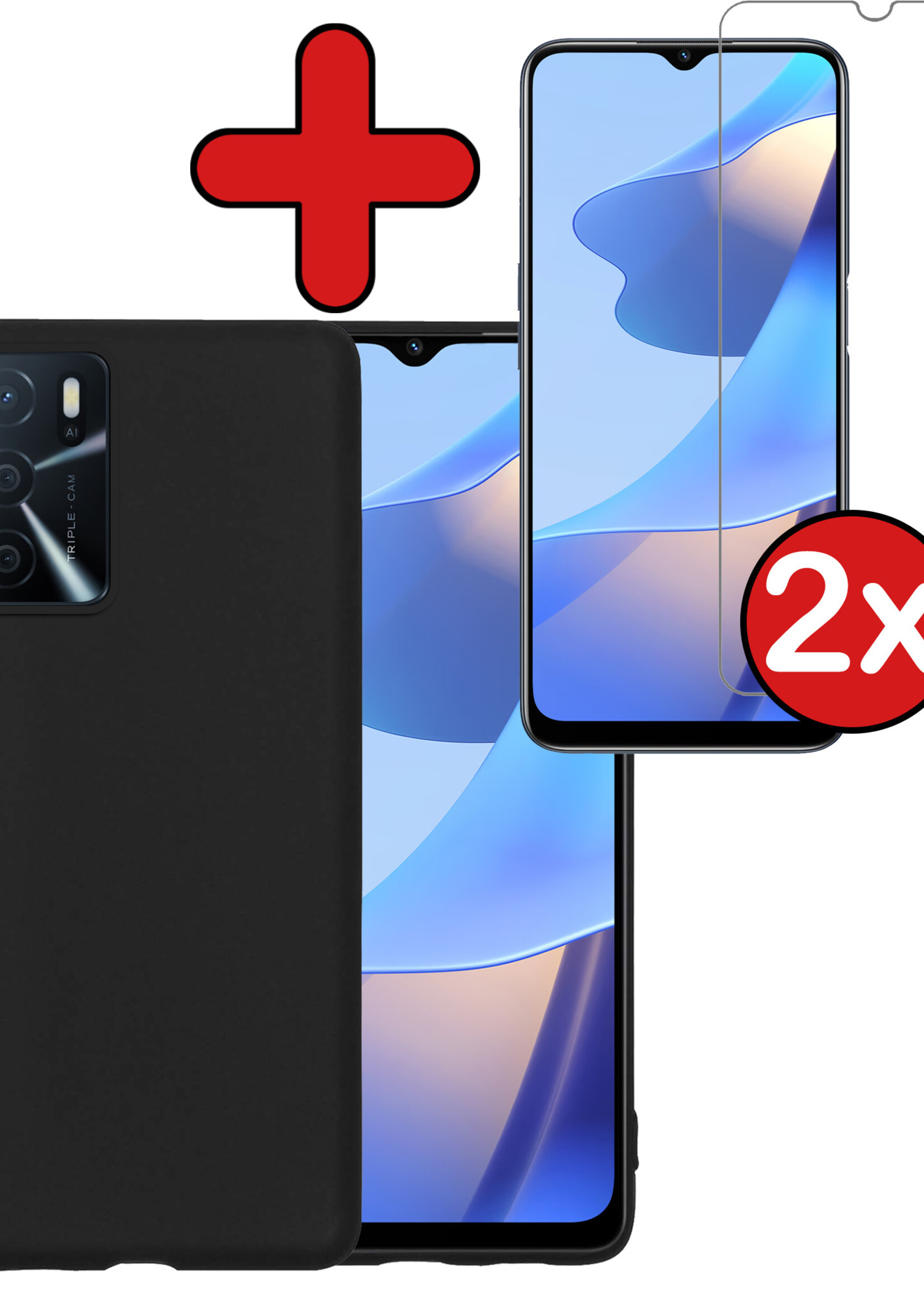 BTH Hoesje Geschikt voor OPPO A16 Hoesje Siliconen Case Hoes Met 2x Screenprotector - Hoes Geschikt voor OPPO A16 Hoes Cover Case - Zwart