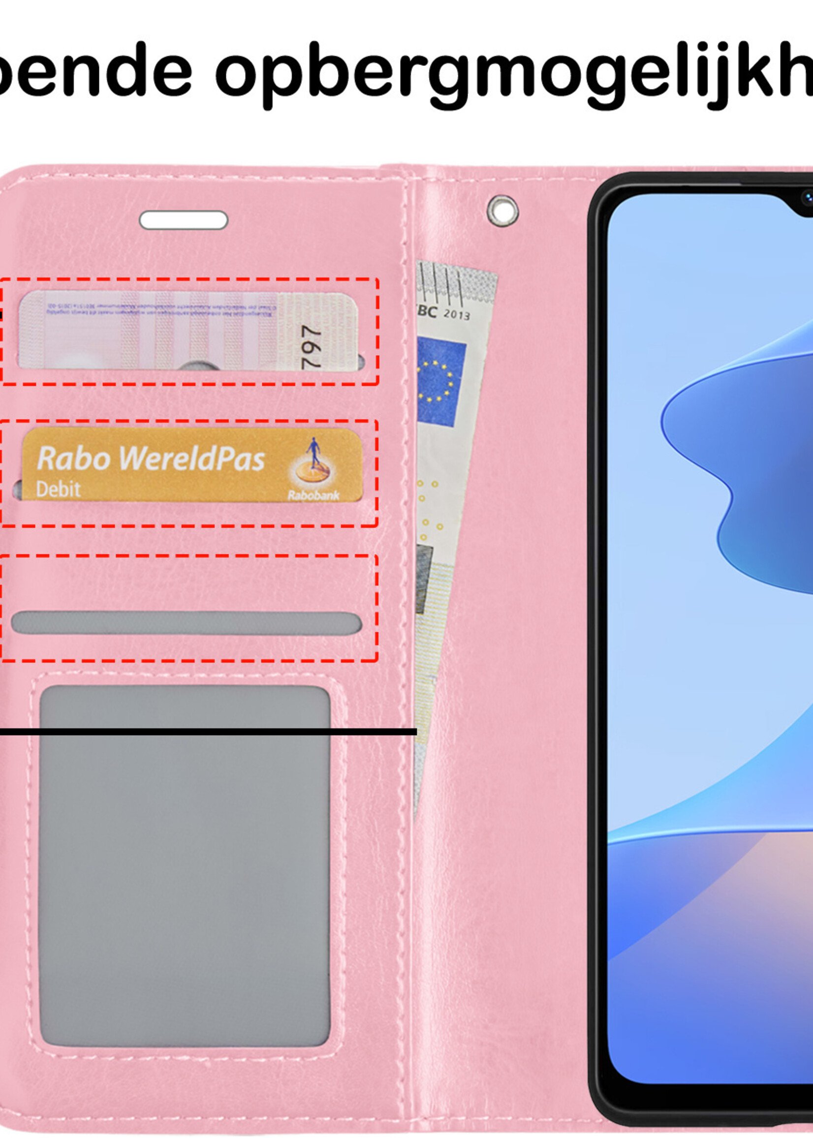 BTH Hoesje Geschikt voor OPPO A16 Hoesje Book Case Hoes Portemonnee Cover Walletcase Met Screenprotector - Hoes Geschikt voor OPPO A16 Hoes Bookcase Hoesje - Lichtroze