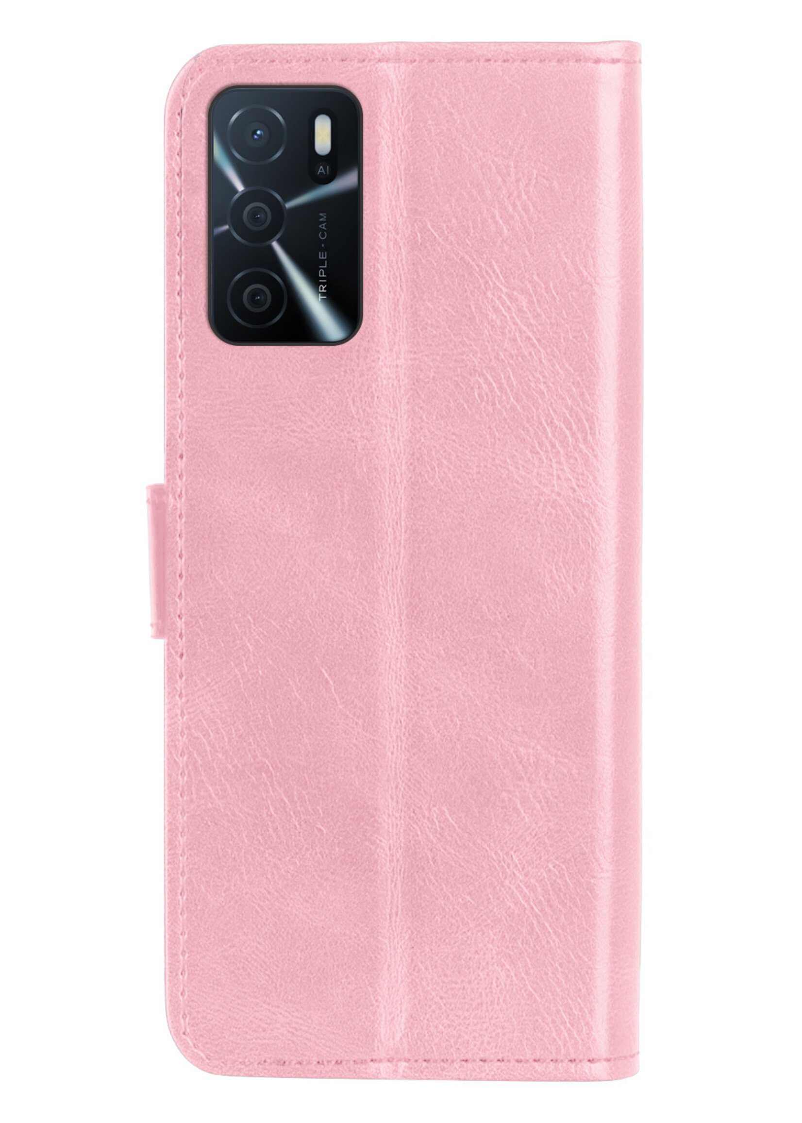 BTH Hoesje Geschikt voor OPPO A16 Hoesje Book Case Hoes Portemonnee Cover Walletcase Met Screenprotector - Hoes Geschikt voor OPPO A16 Hoes Bookcase Hoesje - Lichtroze