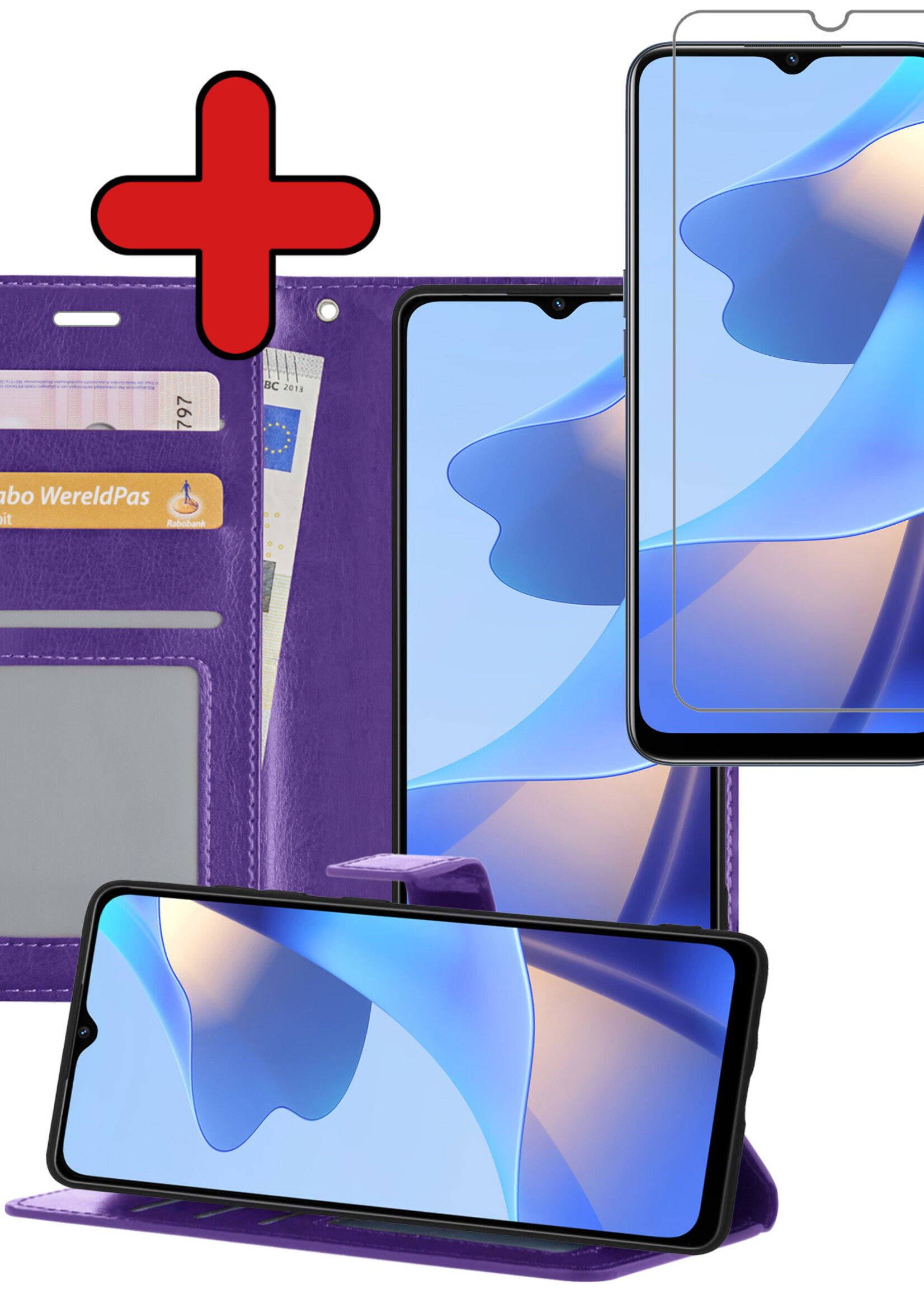 BTH Hoesje Geschikt voor OPPO A16 Hoesje Book Case Hoes Portemonnee Cover Walletcase Met Screenprotector - Hoes Geschikt voor OPPO A16 Hoes Bookcase Hoesje - Paars