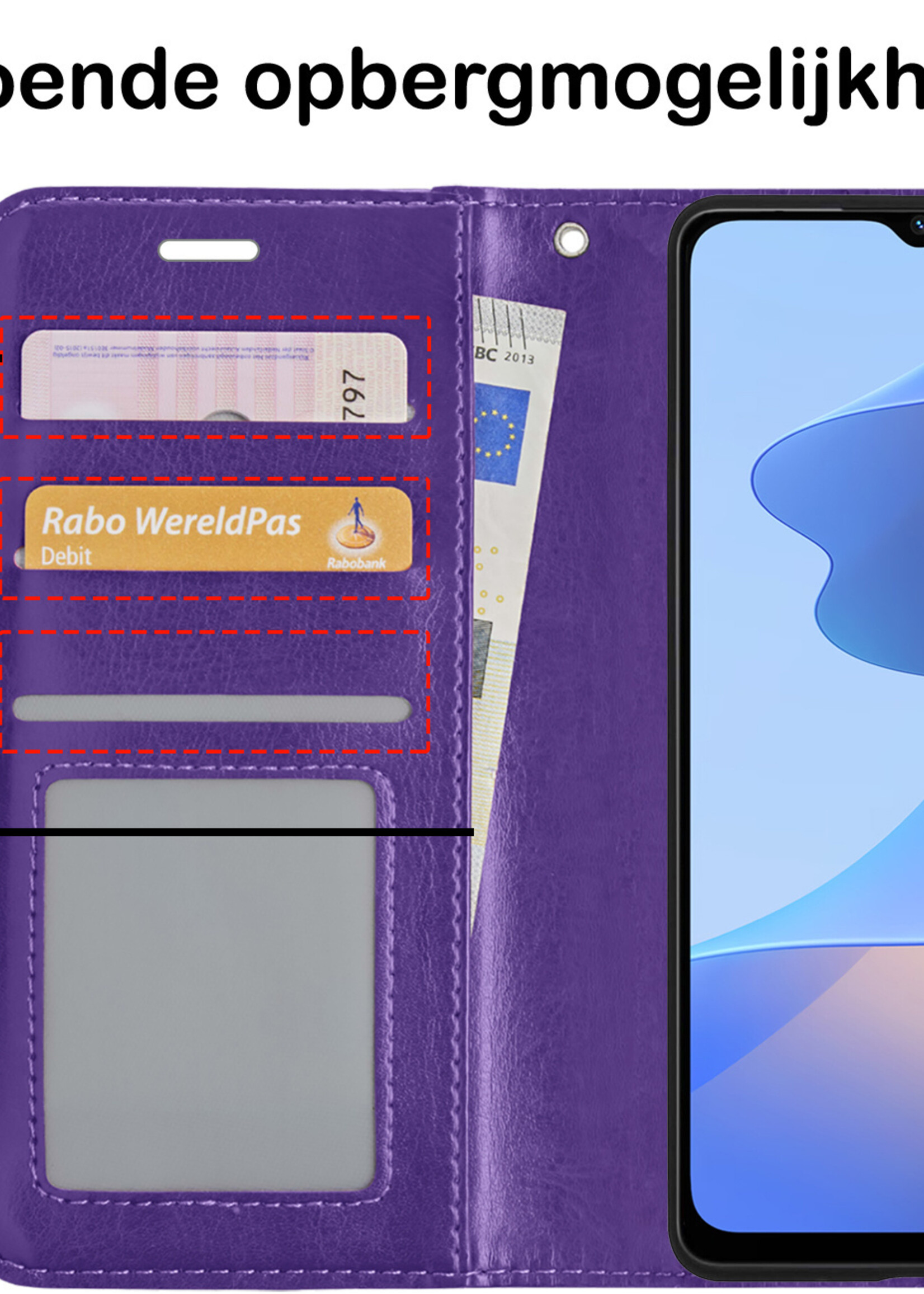 BTH Hoesje Geschikt voor OPPO A16 Hoesje Book Case Hoes Portemonnee Cover Walletcase Met Screenprotector - Hoes Geschikt voor OPPO A16 Hoes Bookcase Hoesje - Paars