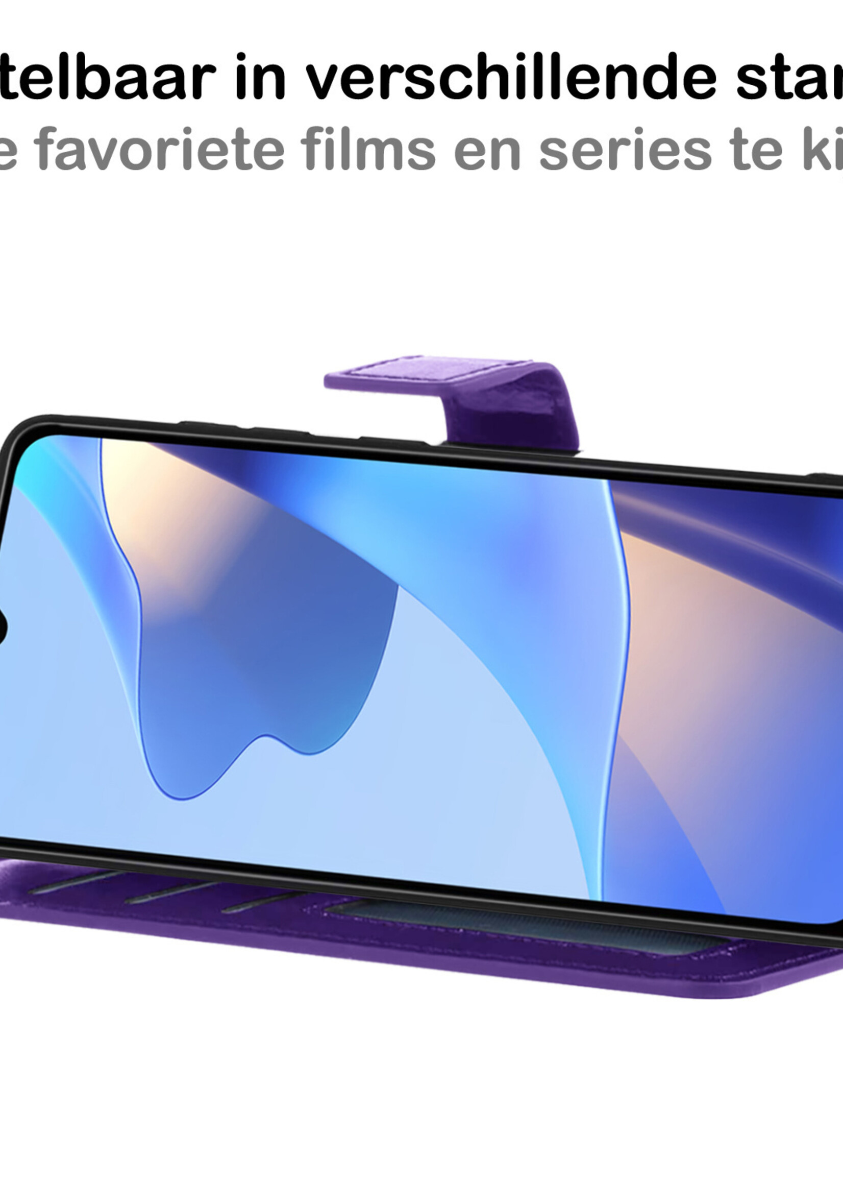 BTH Hoesje Geschikt voor OPPO A16 Hoesje Book Case Hoes Portemonnee Cover Walletcase Met Screenprotector - Hoes Geschikt voor OPPO A16 Hoes Bookcase Hoesje - Paars