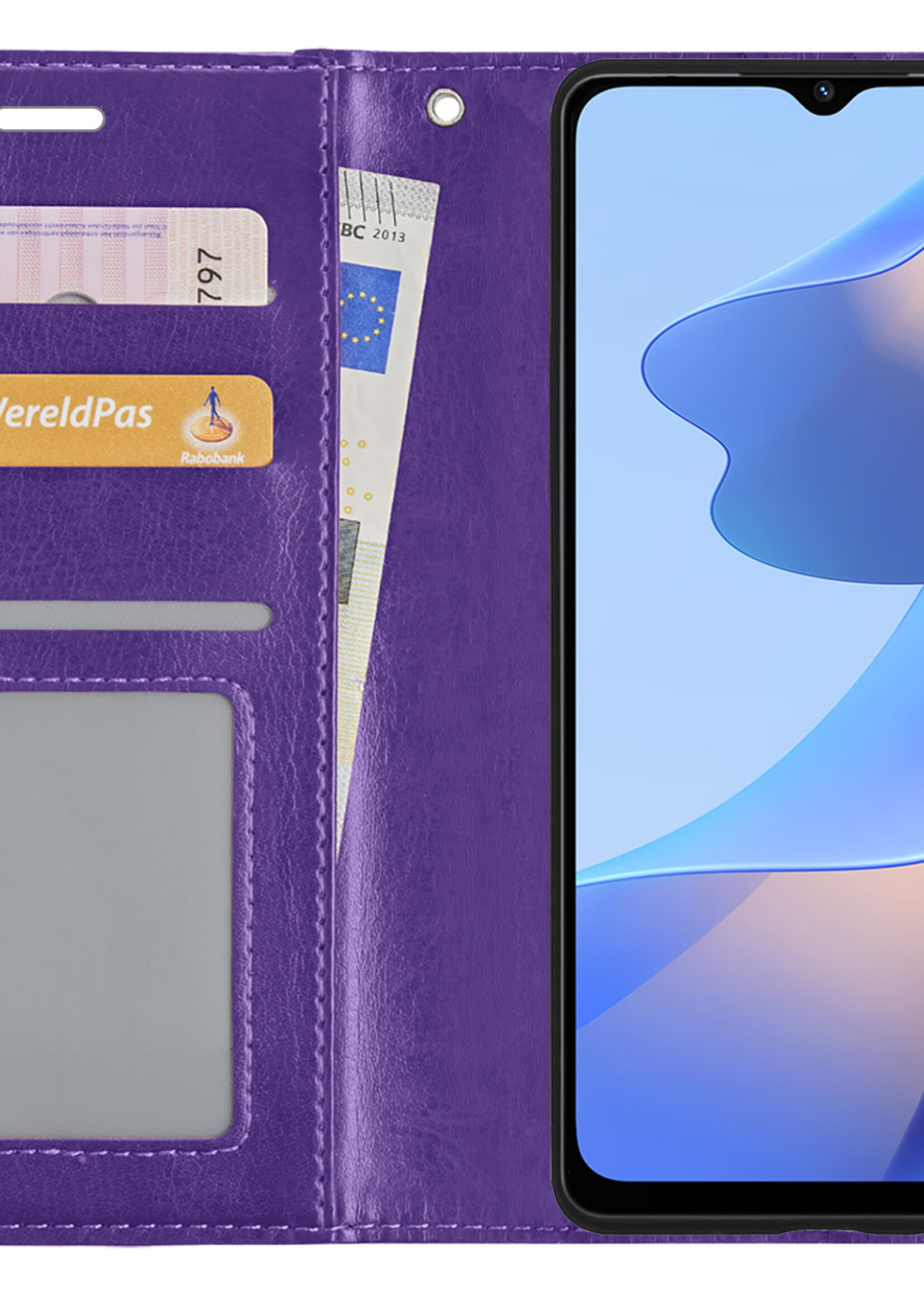 BTH Hoesje Geschikt voor OPPO A16 Hoesje Book Case Hoes Portemonnee Cover Walletcase Met Screenprotector - Hoes Geschikt voor OPPO A16 Hoes Bookcase Hoesje - Paars