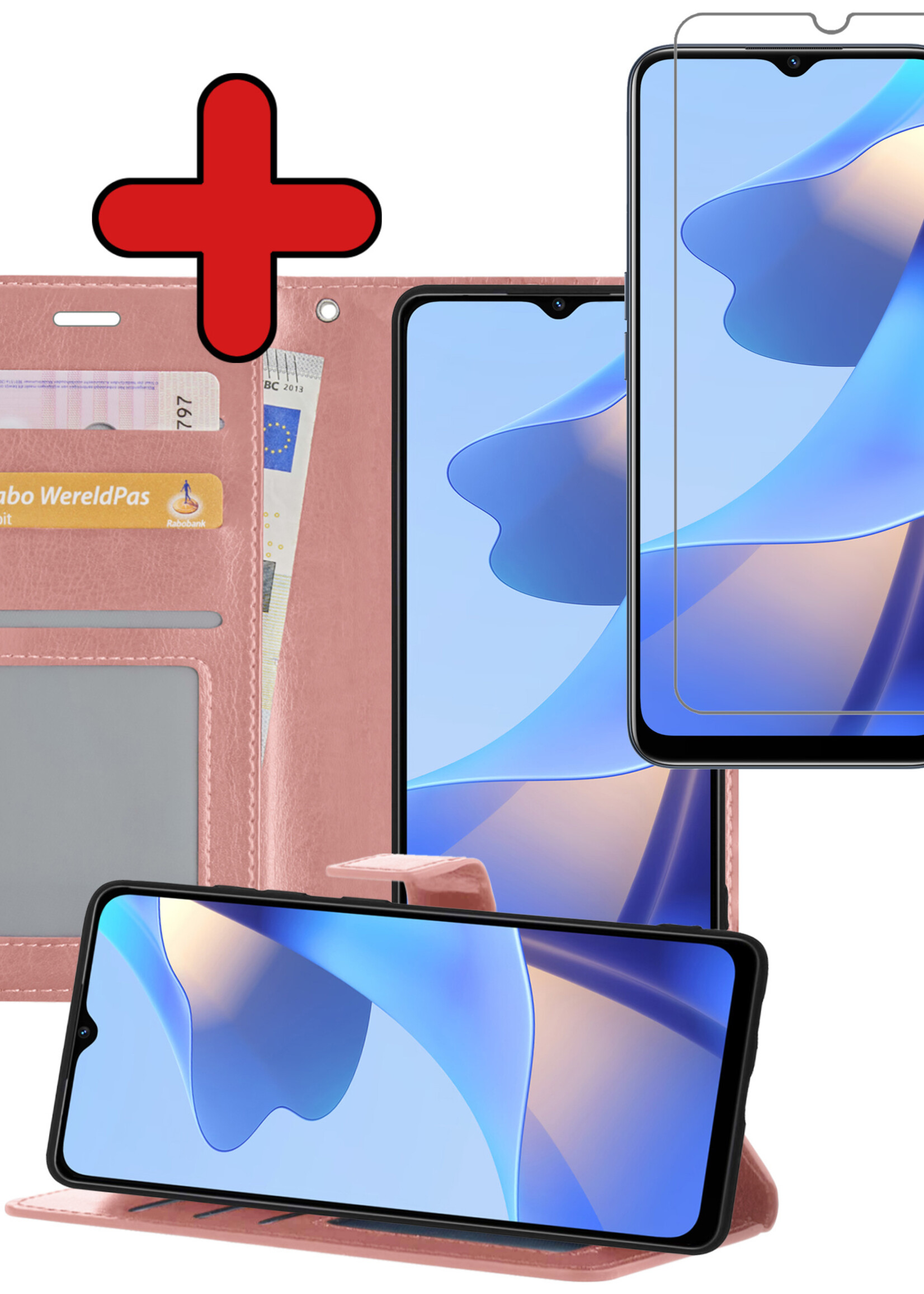 BTH Hoesje Geschikt voor OPPO A16 Hoesje Book Case Hoes Portemonnee Cover Walletcase Met Screenprotector - Hoes Geschikt voor OPPO A16 Hoes Bookcase Hoesje - Rosé goud