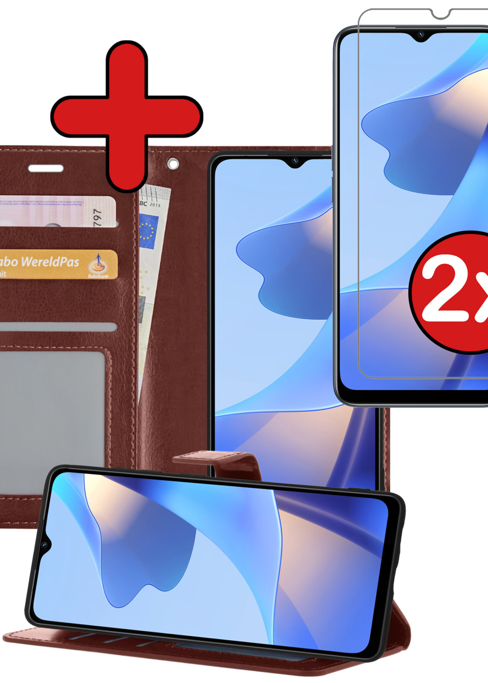 BTH Hoesje Geschikt voor OPPO A16 Hoesje Book Case Hoes Portemonnee Cover Walletcase Met 2x Screenprotector - Hoes Geschikt voor OPPO A16 Hoes Bookcase Hoesje - Bruin