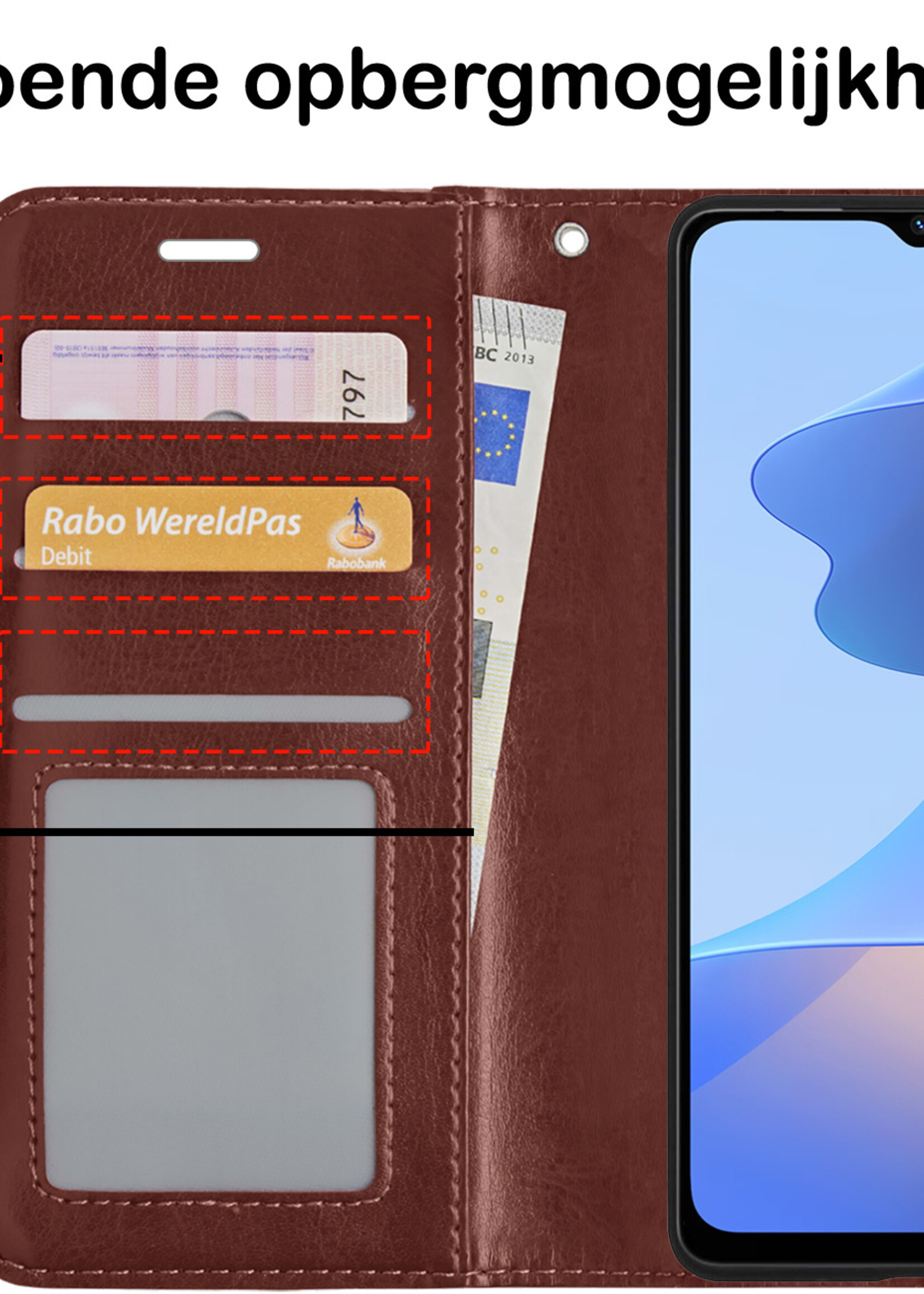 BTH Hoesje Geschikt voor OPPO A16 Hoesje Book Case Hoes Portemonnee Cover Walletcase Met 2x Screenprotector - Hoes Geschikt voor OPPO A16 Hoes Bookcase Hoesje - Bruin
