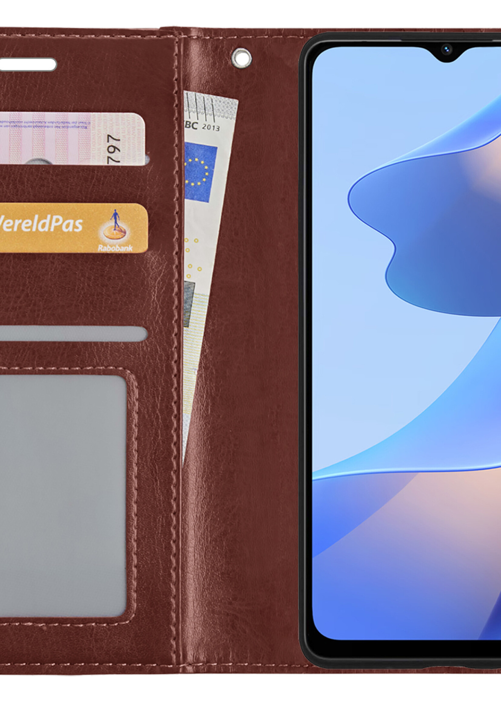 BTH Hoesje Geschikt voor OPPO A16 Hoesje Book Case Hoes Portemonnee Cover Walletcase Met 2x Screenprotector - Hoes Geschikt voor OPPO A16 Hoes Bookcase Hoesje - Bruin