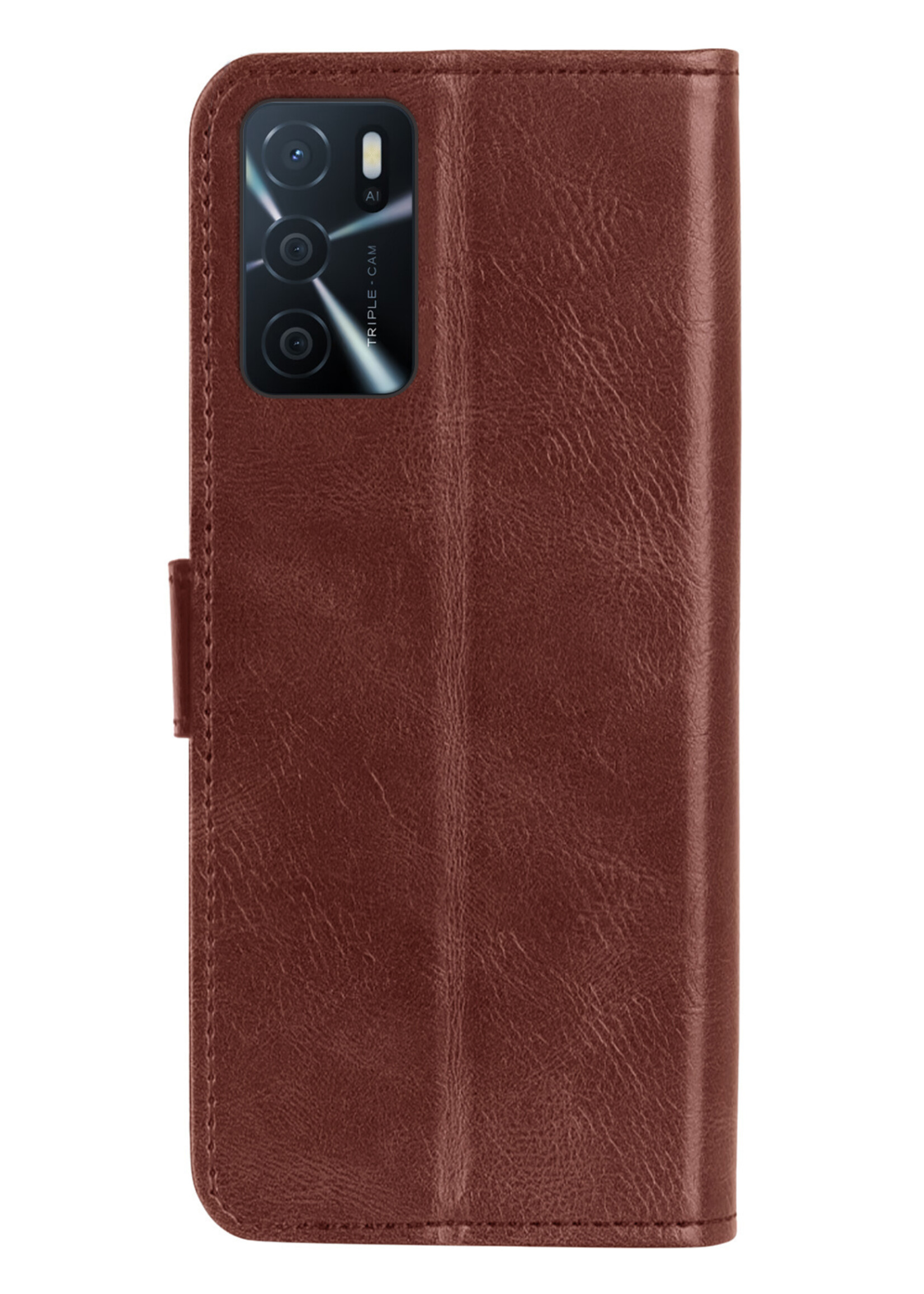 BTH Hoesje Geschikt voor OPPO A16 Hoesje Book Case Hoes Portemonnee Cover Walletcase Met 2x Screenprotector - Hoes Geschikt voor OPPO A16 Hoes Bookcase Hoesje - Bruin