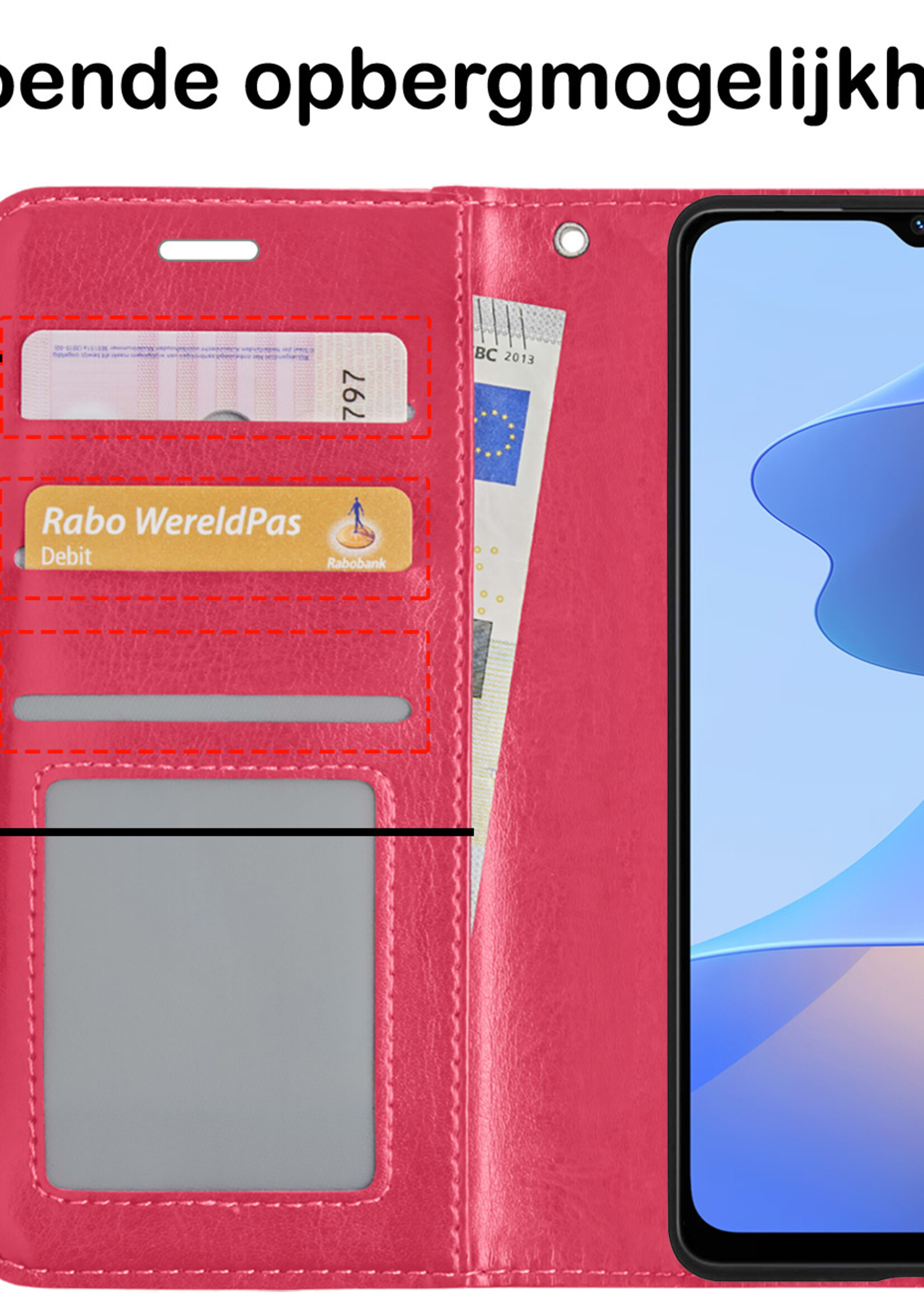 BTH Hoesje Geschikt voor OPPO A16 Hoesje Book Case Hoes Portemonnee Cover Walletcase Met 2x Screenprotector - Hoes Geschikt voor OPPO A16 Hoes Bookcase Hoesje - Donkerroze