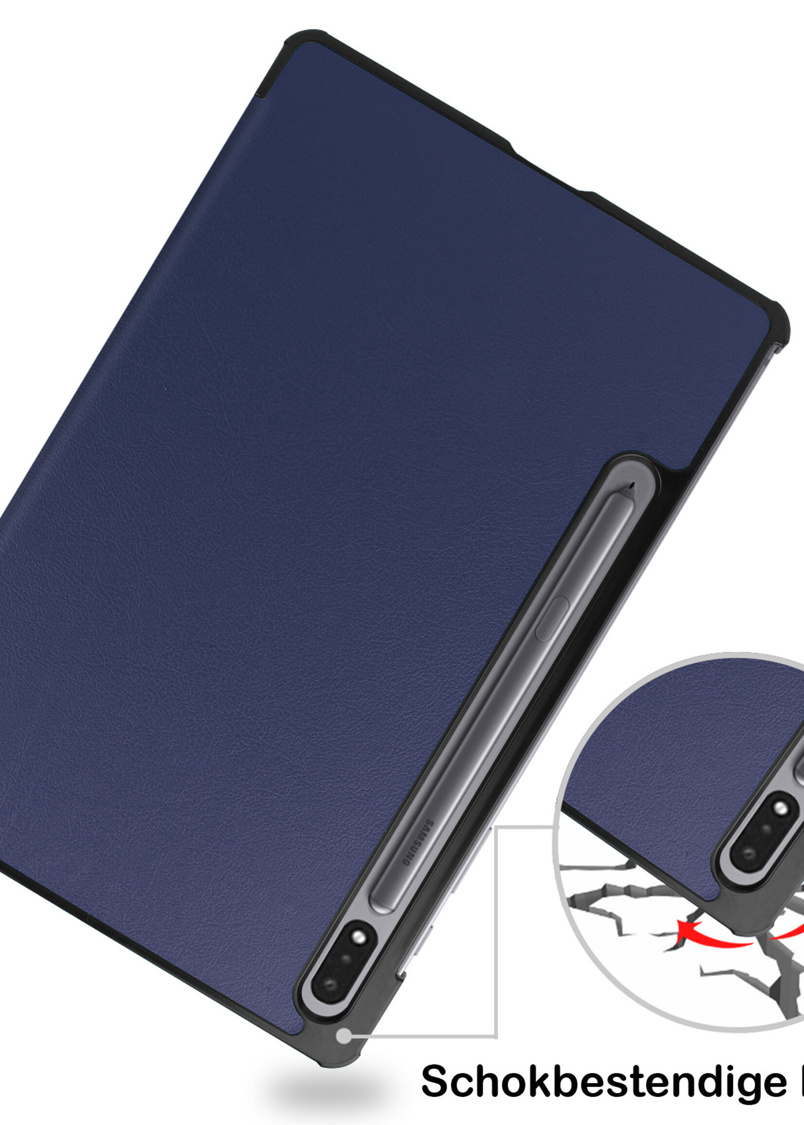 BTH Hoes Geschikt voor Samsung Galaxy Tab S8 Hoes Book Case Hoesje Trifold Cover Met Screenprotector - Hoesje Geschikt voor Samsung Tab S8 Hoesje Bookcase - Donkerblauw
