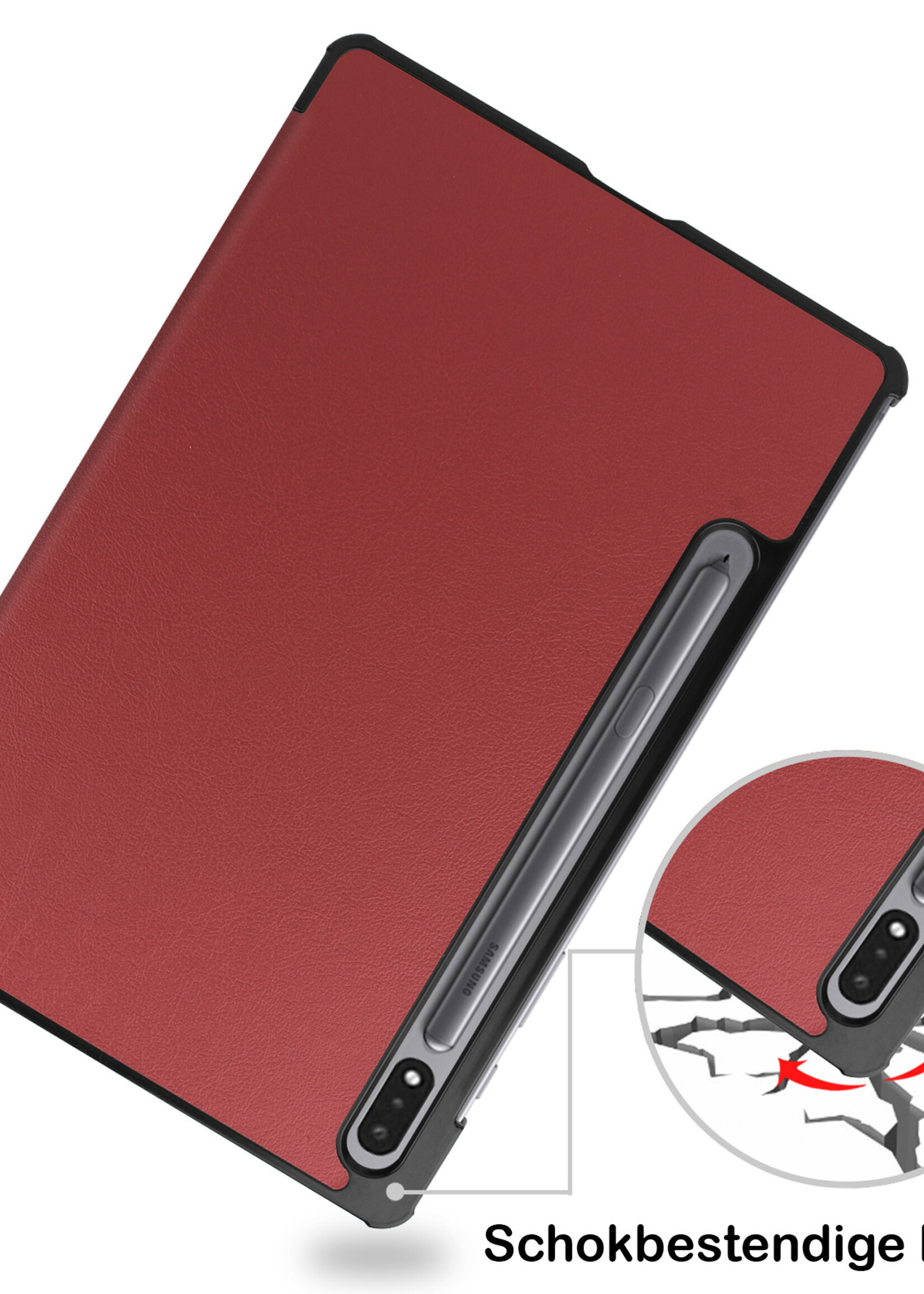 BTH Hoes Geschikt voor Samsung Galaxy Tab S8 Hoes Book Case Hoesje Trifold Cover Met Screenprotector - Hoesje Geschikt voor Samsung Tab S8 Hoesje Bookcase - Donkerrood