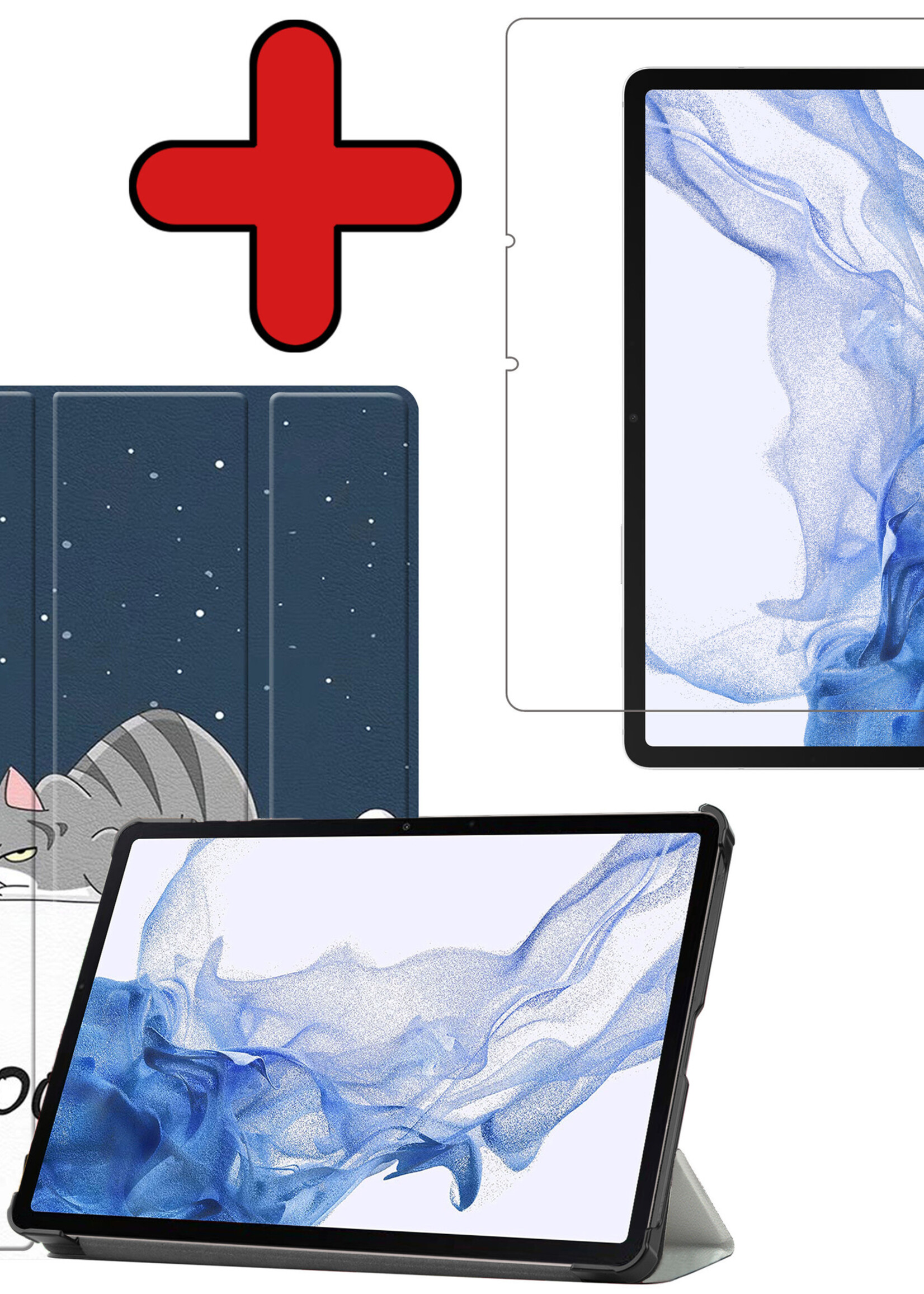 BTH Hoes Geschikt voor Samsung Galaxy Tab S8 Hoes Book Case Hoesje Trifold Cover Met Screenprotector - Hoesje Geschikt voor Samsung Tab S8 Hoesje Bookcase - Kat