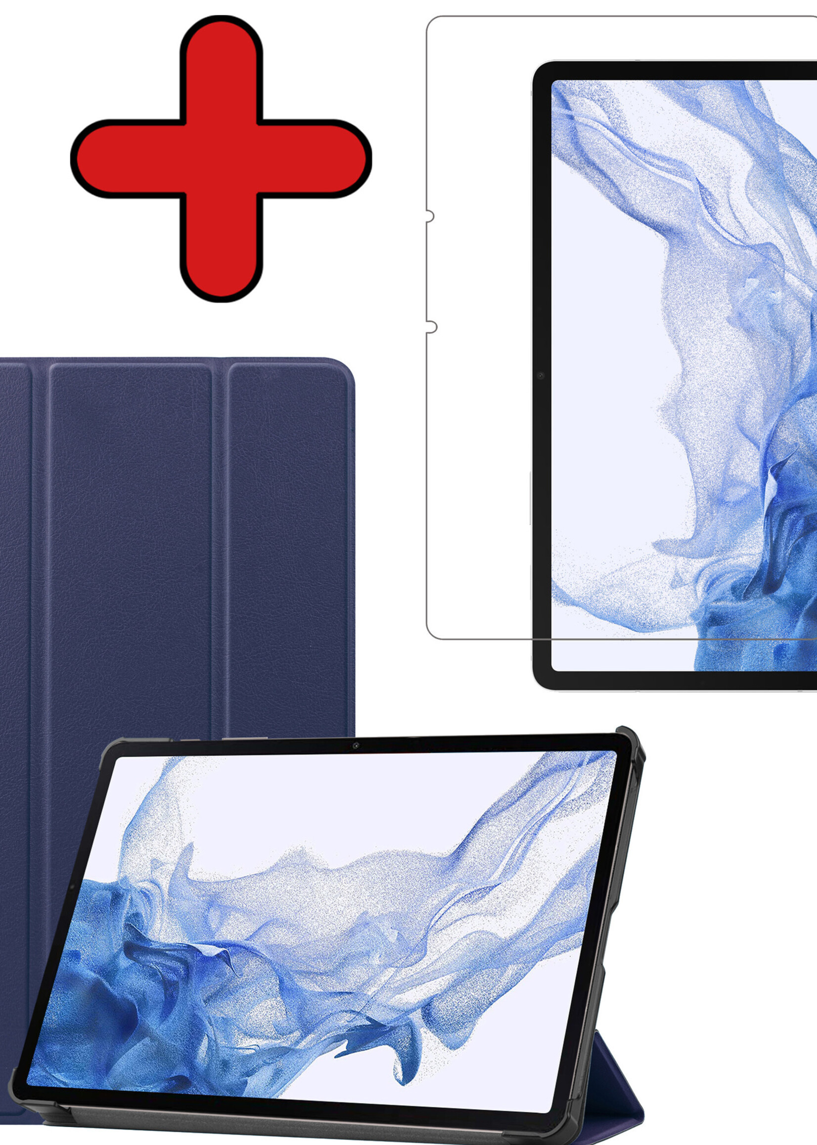 BTH Hoes Geschikt voor Samsung Galaxy Tab S8 Ultra Hoes Book Case Hoesje Trifold Cover Met Screenprotector - Hoesje Geschikt voor Samsung Tab S8 Ultra Hoesje Bookcase - Donkerblauw