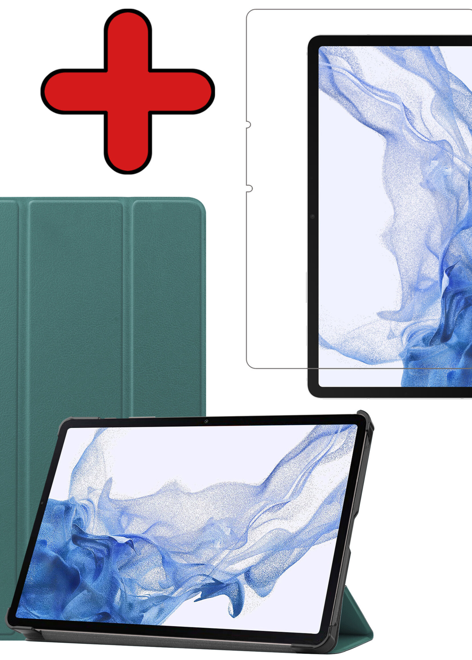 BTH Hoes Geschikt voor Samsung Galaxy Tab S8 Ultra Hoes Book Case Hoesje Trifold Cover Met Screenprotector - Hoesje Geschikt voor Samsung Tab S8 Ultra Hoesje Bookcase - Donkergroen