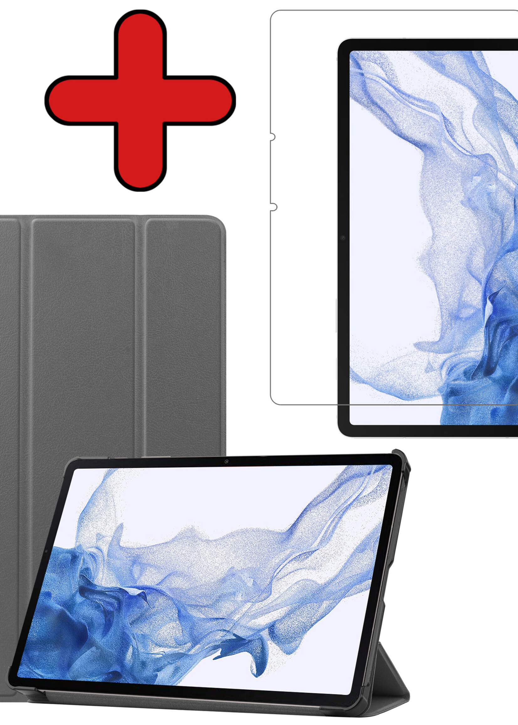 BTH Hoes Geschikt voor Samsung Galaxy Tab S8 Ultra Hoes Book Case Hoesje Trifold Cover Met Screenprotector - Hoesje Geschikt voor Samsung Tab S8 Ultra Hoesje Bookcase - Grijs