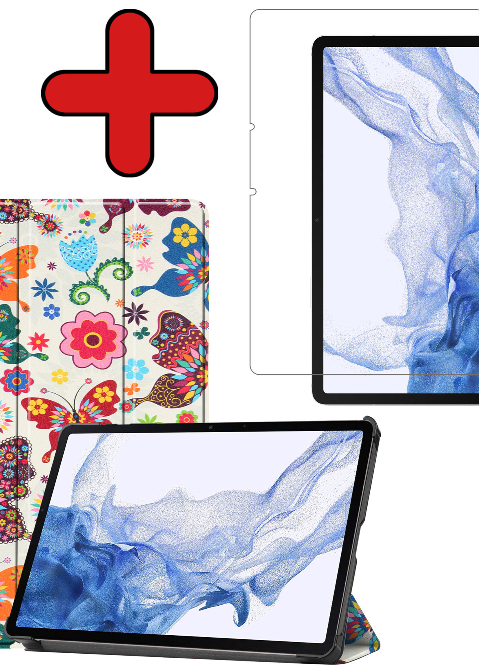 BTH Hoes Geschikt voor Samsung Galaxy Tab S8 Ultra Hoes Book Case Hoesje Trifold Cover Met Screenprotector - Hoesje Geschikt voor Samsung Tab S8 Ultra Hoesje Bookcase - Vlinders