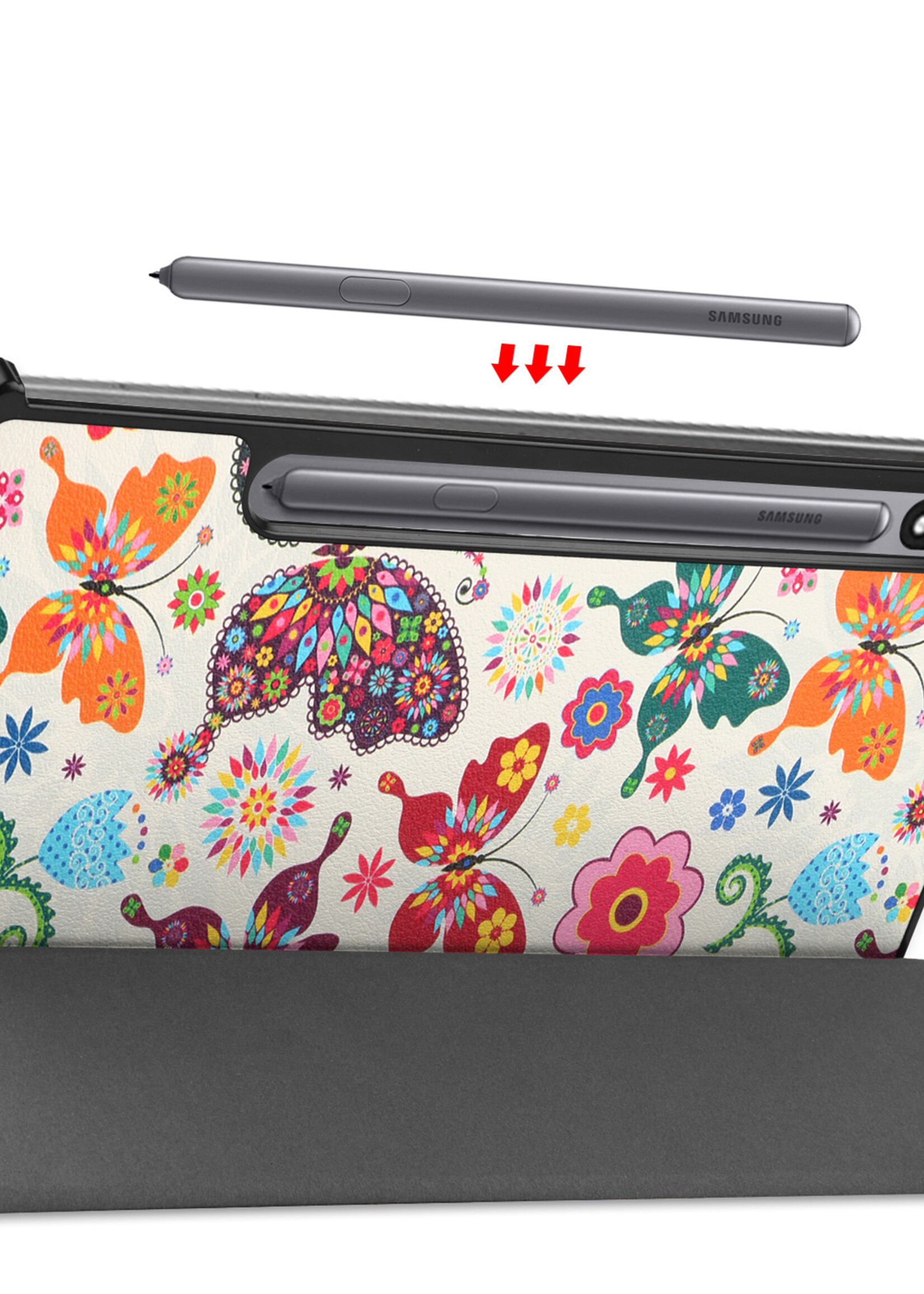 BTH Hoes Geschikt voor Samsung Galaxy Tab S8 Ultra Hoes Book Case Hoesje Trifold Cover Met Screenprotector - Hoesje Geschikt voor Samsung Tab S8 Ultra Hoesje Bookcase - Vlinders