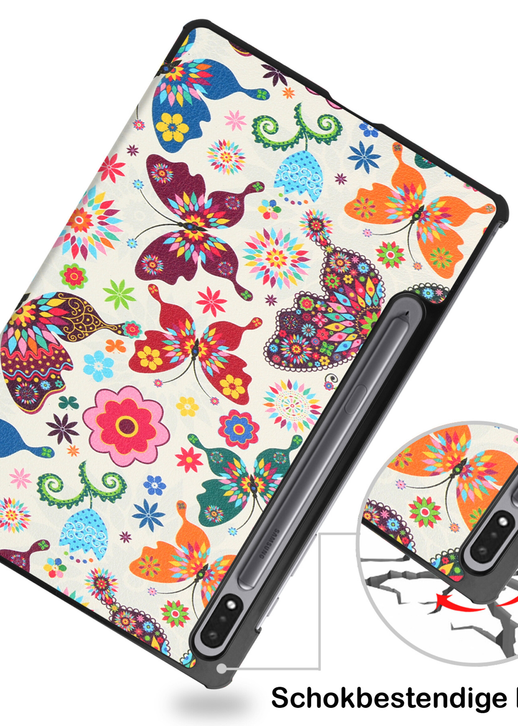 BTH Hoes Geschikt voor Samsung Galaxy Tab S8 Ultra Hoes Book Case Hoesje Trifold Cover Met Screenprotector - Hoesje Geschikt voor Samsung Tab S8 Ultra Hoesje Bookcase - Vlinders