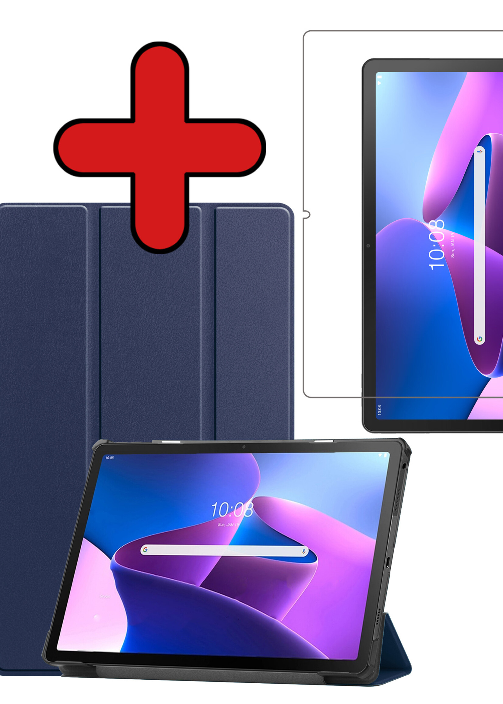 BTH Hoes Geschikt voor Lenovo Tab M10 Plus 3rd Gen Hoes Book Case Hoesje Trifold Cover Met Screenprotector - Hoesje Geschikt voor Lenovo Tab M10 Plus (3e Gen) Hoesje Bookcase - Donkerblauw