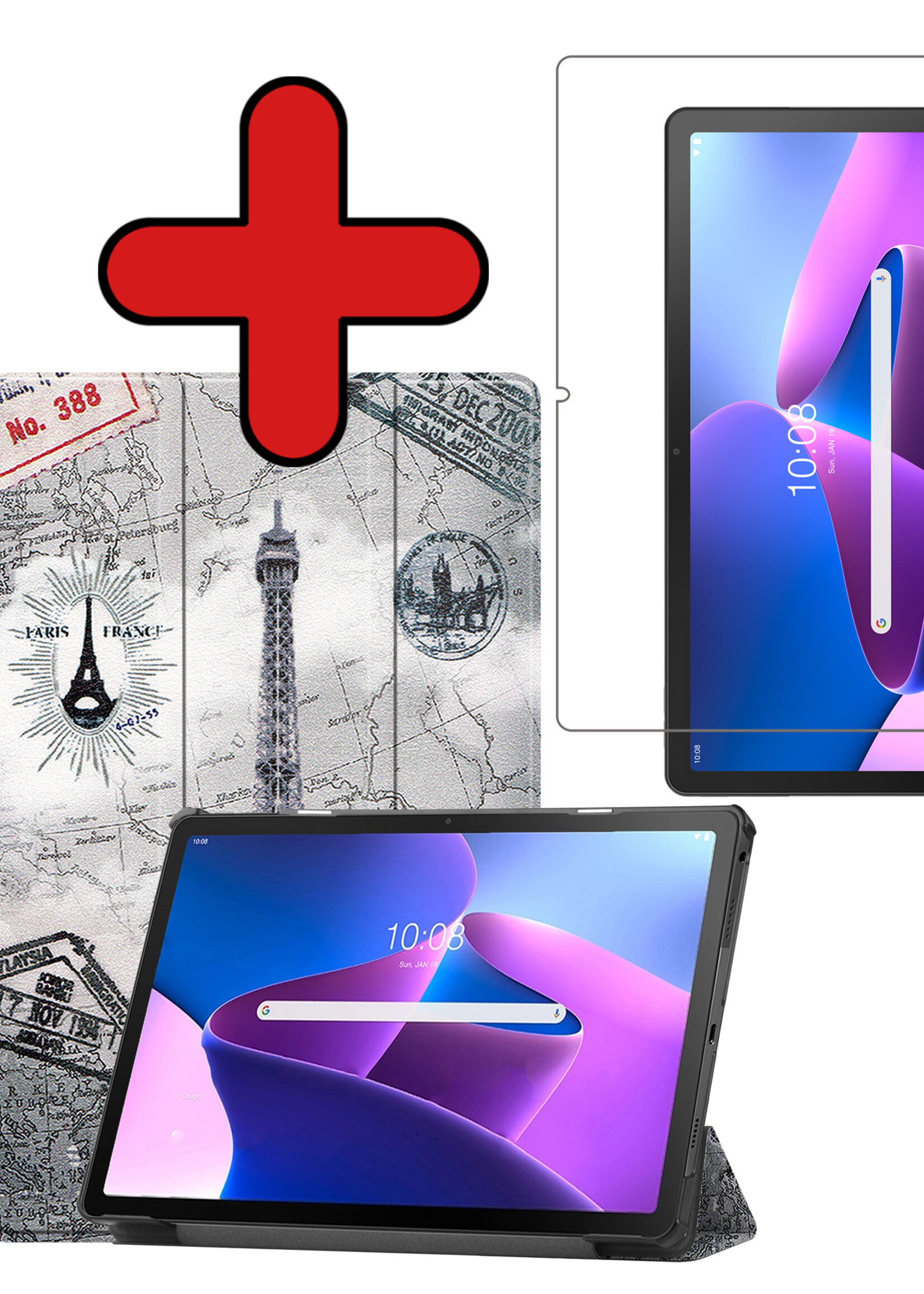 BTH Hoes Geschikt voor Lenovo Tab M10 Plus 3rd Gen Hoes Book Case Hoesje Trifold Cover Met Screenprotector - Hoesje Geschikt voor Lenovo Tab M10 Plus (3e Gen) Hoesje Bookcase - Eiffeltoren