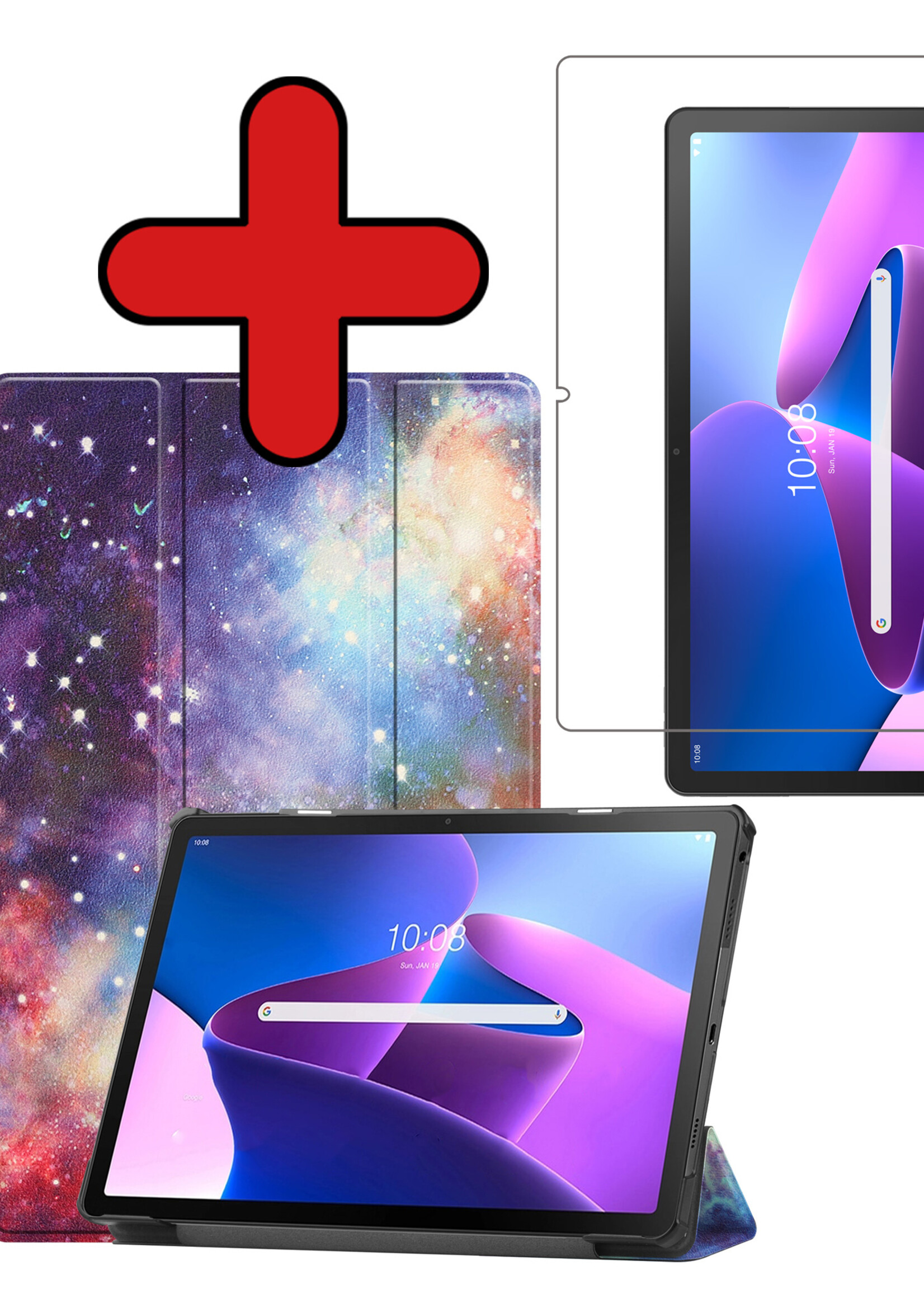 BTH Hoes Geschikt voor Lenovo Tab M10 Plus 3rd Gen Hoes Book Case Hoesje Trifold Cover Met Screenprotector - Hoesje Geschikt voor Lenovo Tab M10 Plus (3e Gen) Hoesje Bookcase - Galaxy