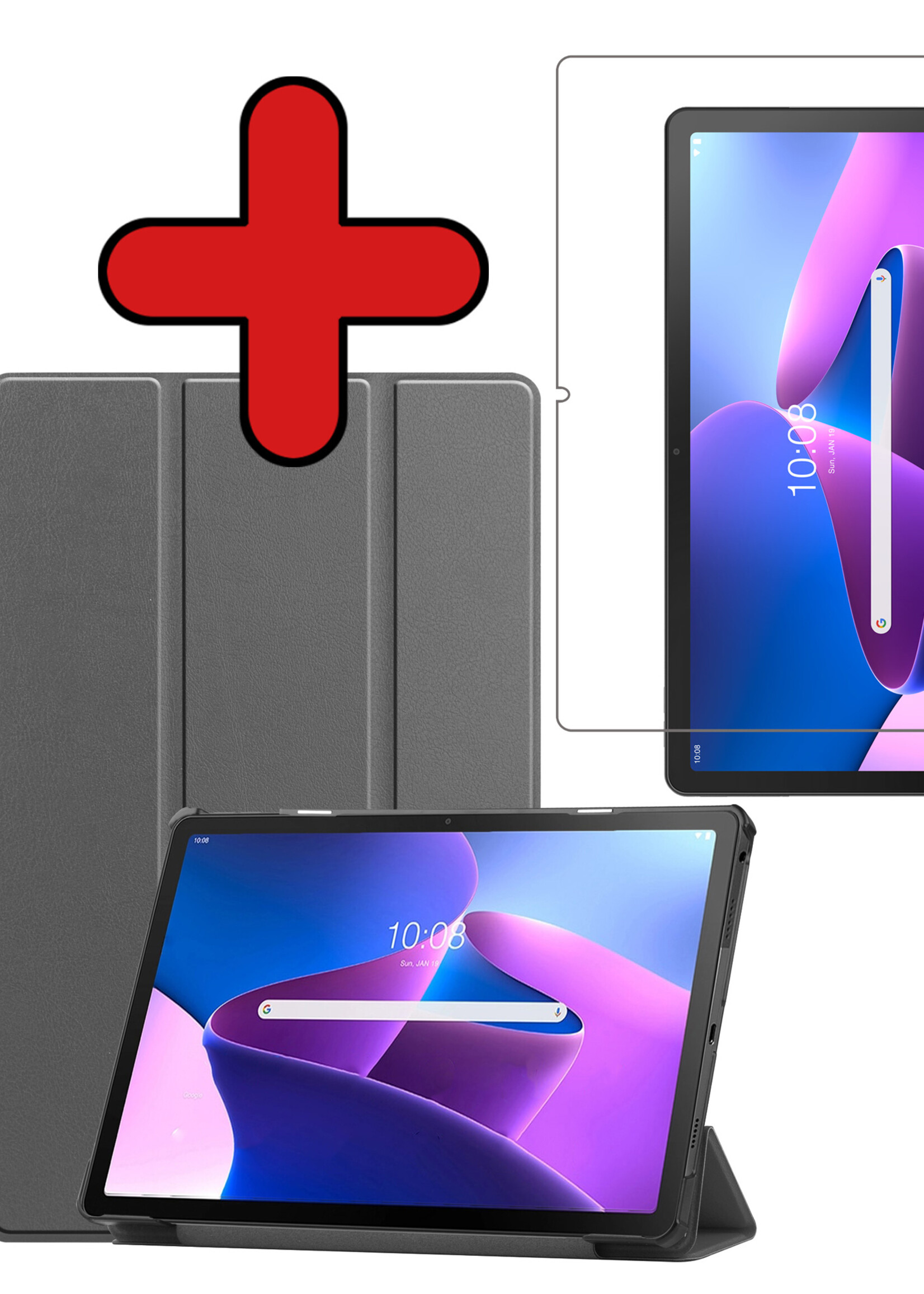 BTH Hoes Geschikt voor Lenovo Tab M10 Plus 3rd Gen Hoes Book Case Hoesje Trifold Cover Met Screenprotector - Hoesje Geschikt voor Lenovo Tab M10 Plus (3e Gen) Hoesje Bookcase - Grijs
