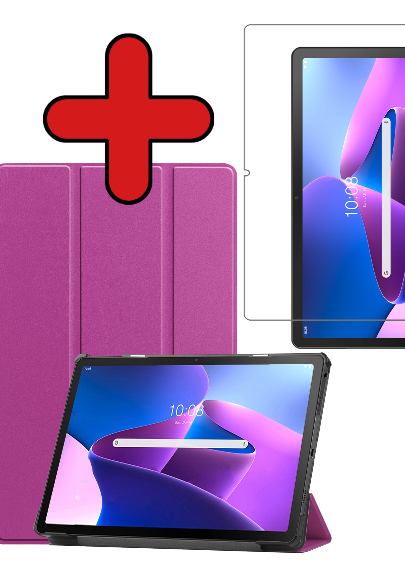 BTH Hoes Geschikt voor Lenovo Tab M10 Plus 3rd Gen Hoes Book Case Hoesje Trifold Cover Met Screenprotector - Hoesje Geschikt voor Lenovo Tab M10 Plus (3e Gen) Hoesje Bookcase - Paars