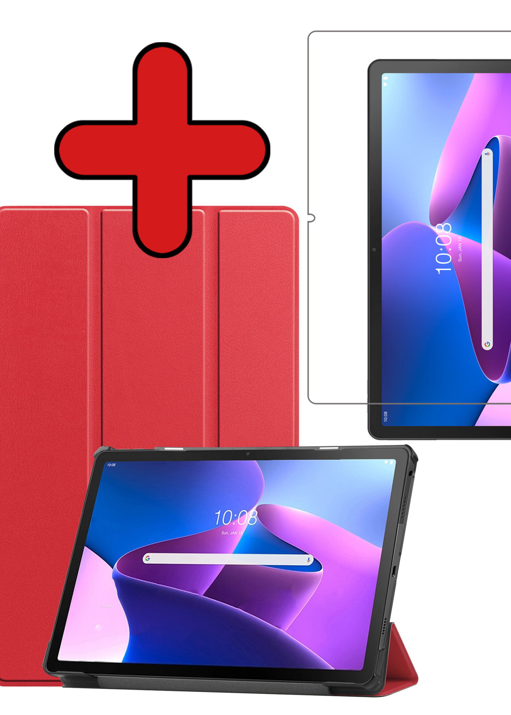 BTH Hoes Geschikt voor Lenovo Tab M10 Plus 3rd Gen Hoes Book Case Hoesje Trifold Cover Met Screenprotector - Hoesje Geschikt voor Lenovo Tab M10 Plus (3e Gen) Hoesje Bookcase - Rood