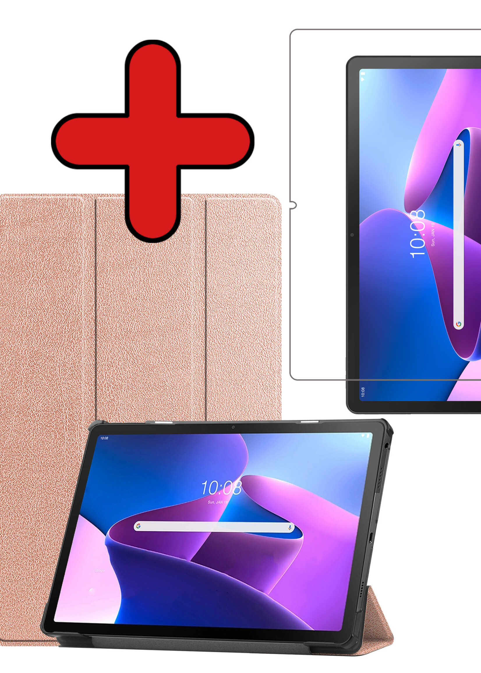 BTH Hoes Geschikt voor Lenovo Tab M10 Plus 3rd Gen Hoes Book Case Hoesje Trifold Cover Met Screenprotector - Hoesje Geschikt voor Lenovo Tab M10 Plus (3e Gen) Hoesje Bookcase - Rosé goud