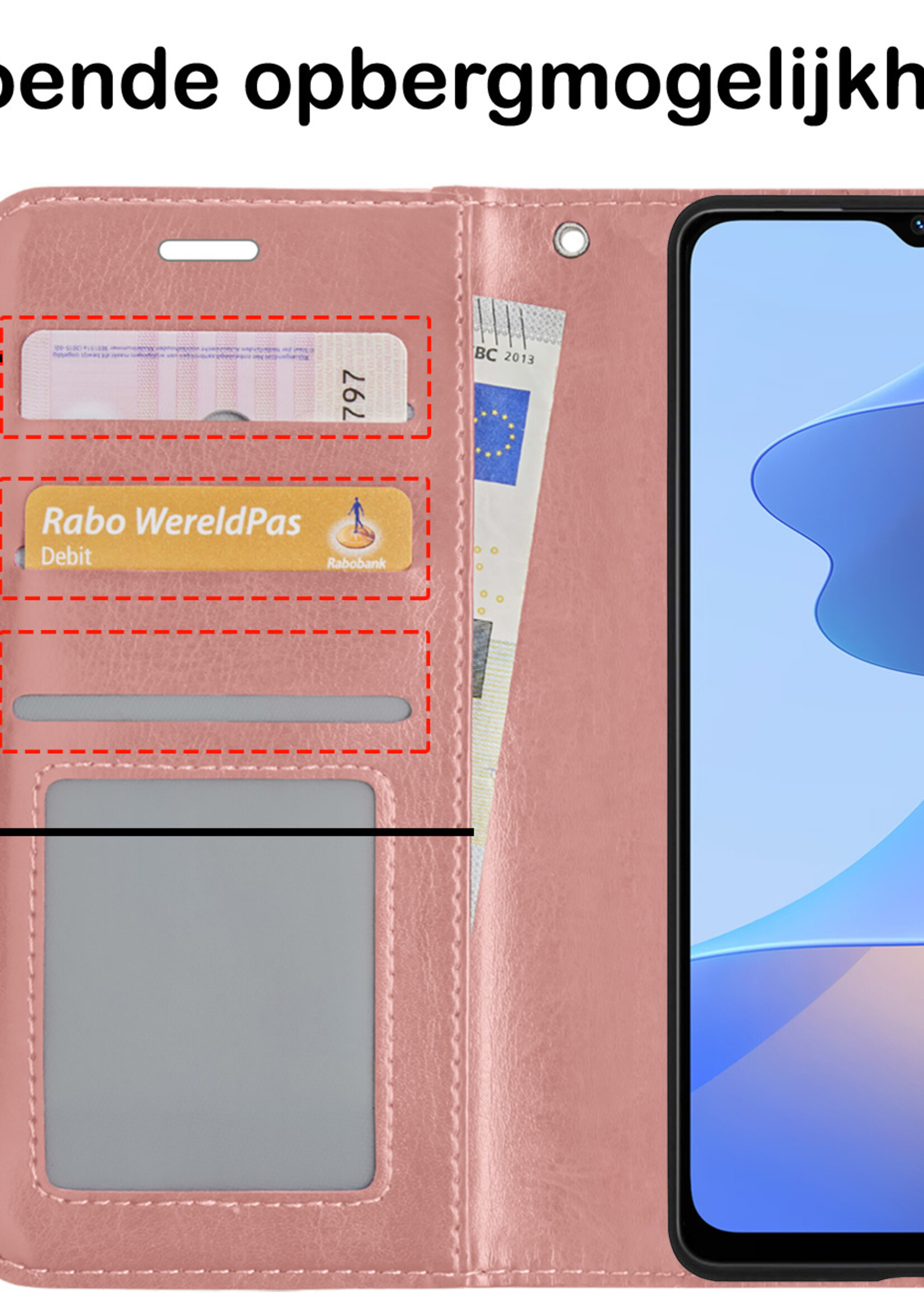 BTH OPPO A16s Hoesje Book Case Hoes - OPPO A16s Case Hoesje Portemonnee Cover - OPPO A16s Hoes Wallet Case Hoesje - RosÃ© Goud