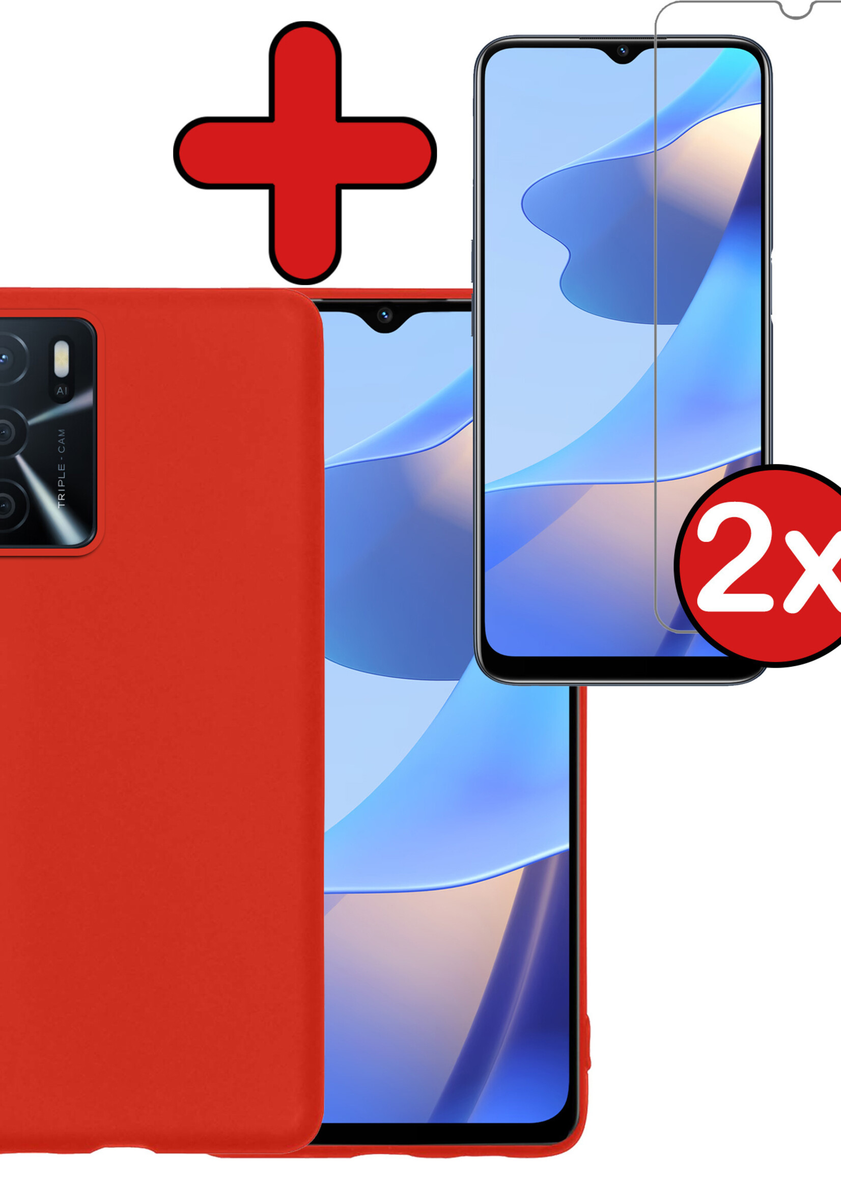 BTH Hoesje Geschikt voor OPPO A16s Hoesje Siliconen Case Hoes Met 2x Screenprotector - Hoes Geschikt voor OPPO A16s Hoes Cover Case - Rood
