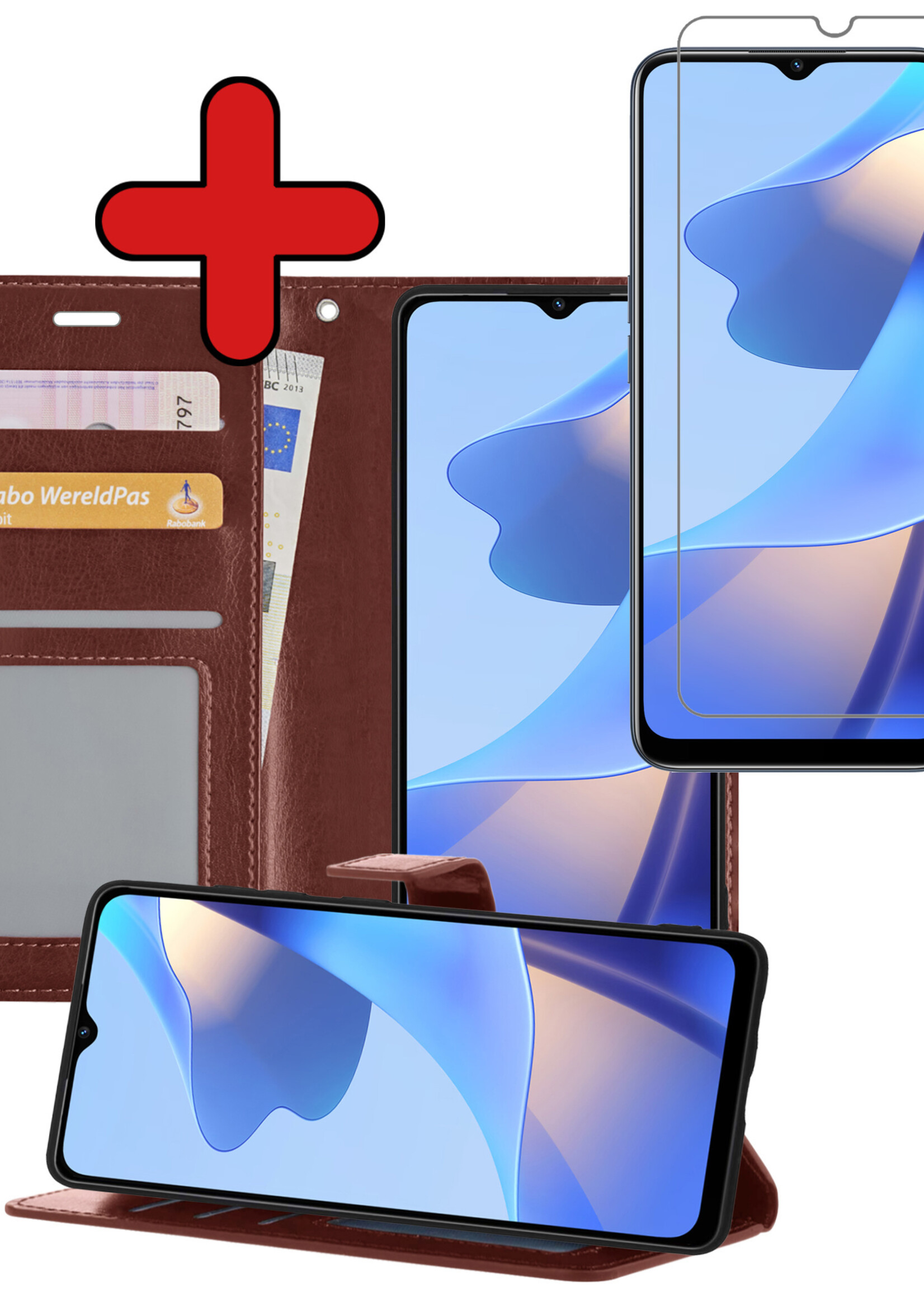 BTH Hoesje Geschikt voor OPPO A16s Hoesje Book Case Hoes Portemonnee Cover Walletcase Met Screenprotector - Hoes Geschikt voor OPPO A16s Hoes Bookcase Hoesje - Bruin